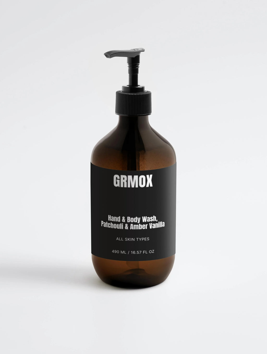GRMOX Hand & Body Wash, Patchouli & Amber Vanilla, 490ml, all skin types, amber bottle with black pump