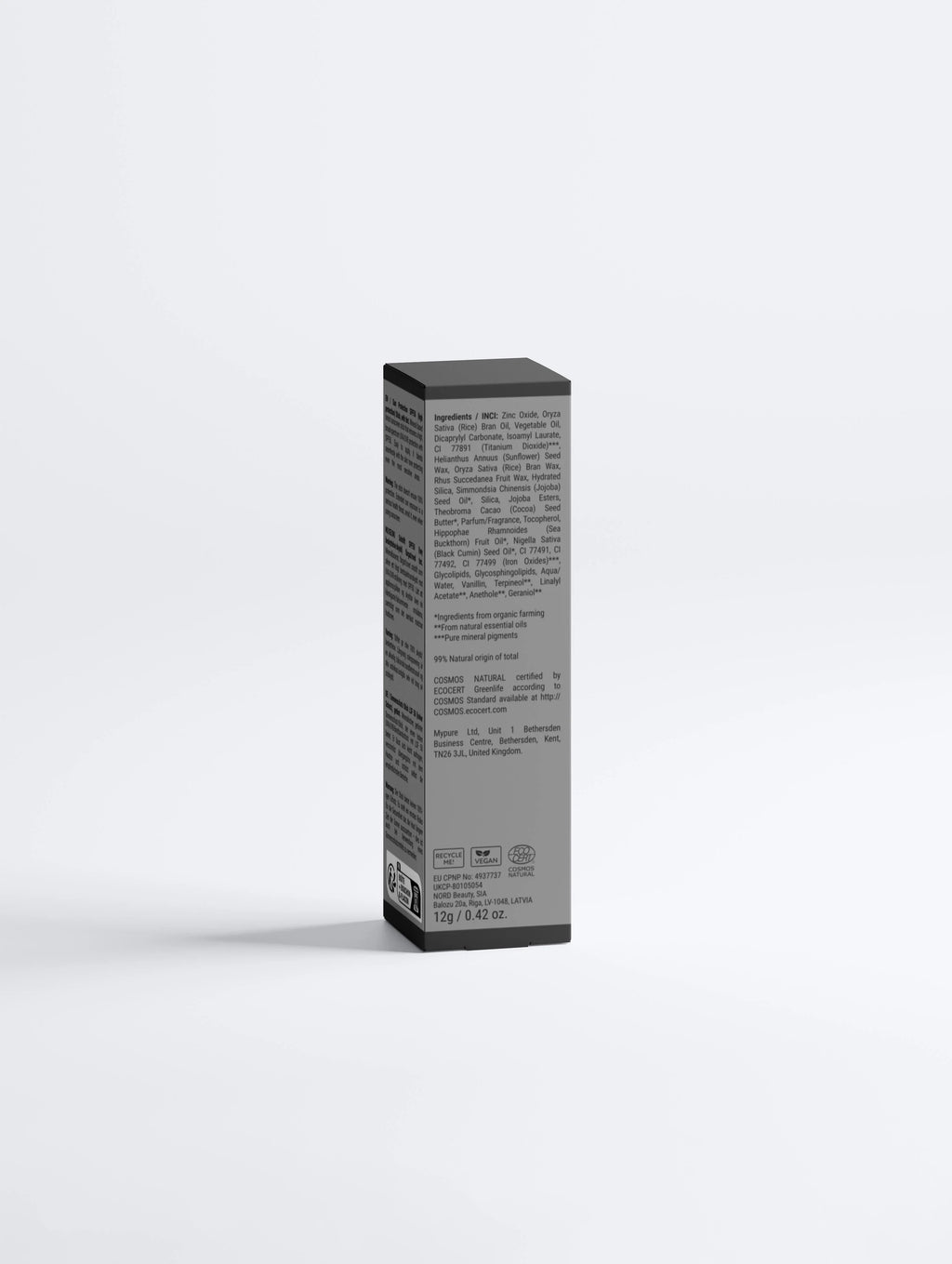 SPF 50 mineral sunscreen stick packaging with ingredients, vegan, COSMOS Natural certified, 12g