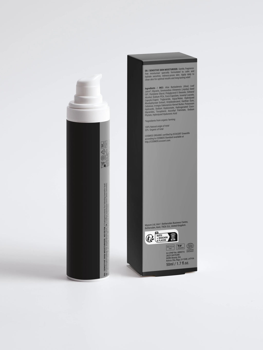 Sensitive skin moisturizer in black bottle with pump, 50ml, vegan & COSMOS Organic certified, for calm hydration