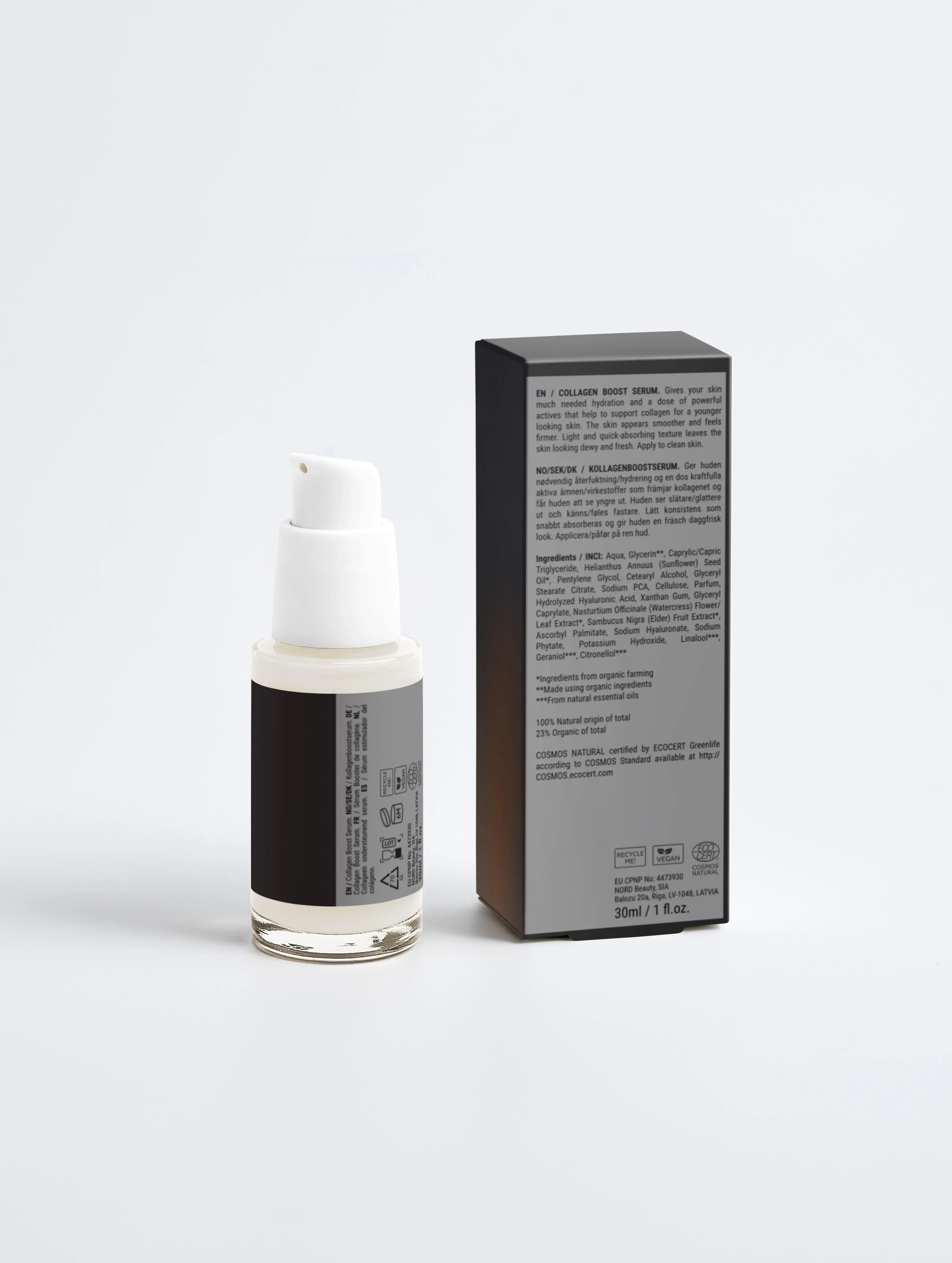 Collagen Boost Serum bottle and box, 30ml, vegan, COSMOS Natural certified, for hydrated firmer skin