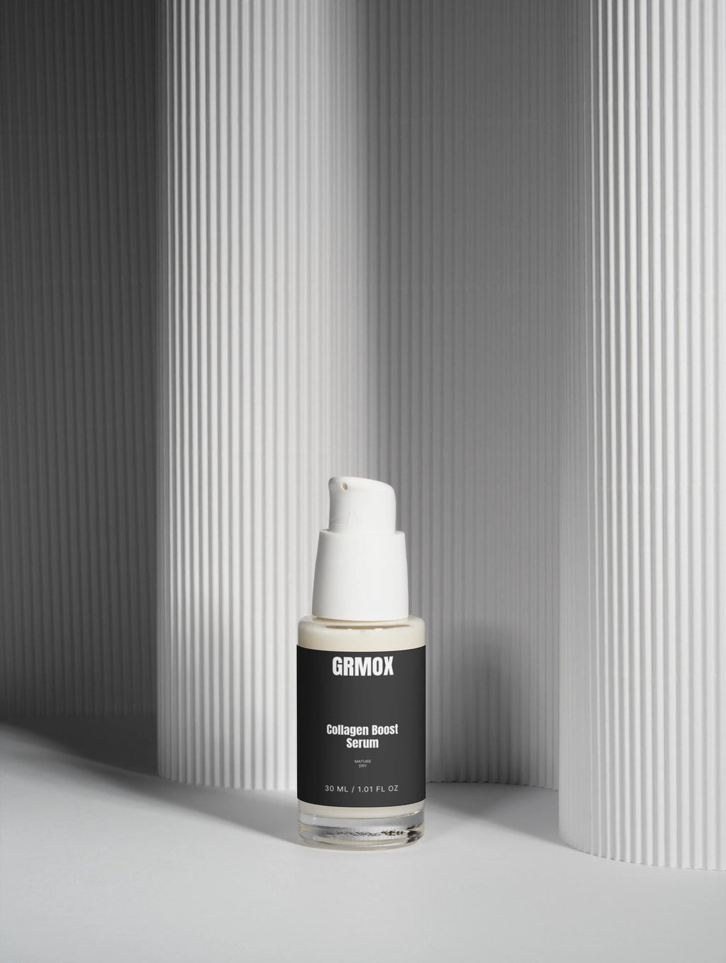 GRMOX Collagen Boost Serum for mature dry skin, 30ml bottle with pump, minimalist design
