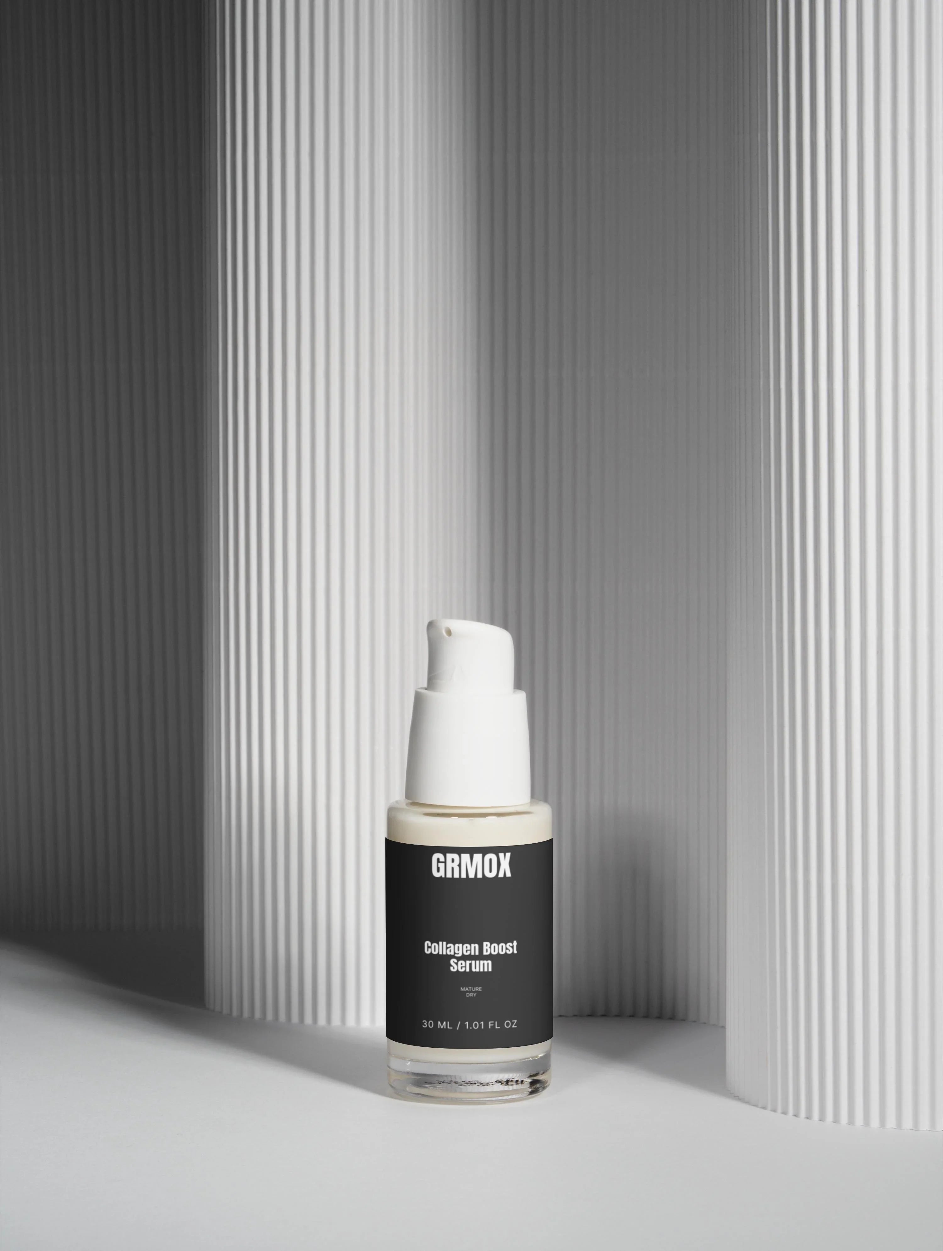 GRMOX Collagen Boost Serum for mature dry skin, 30ml bottle with pump, minimalist design