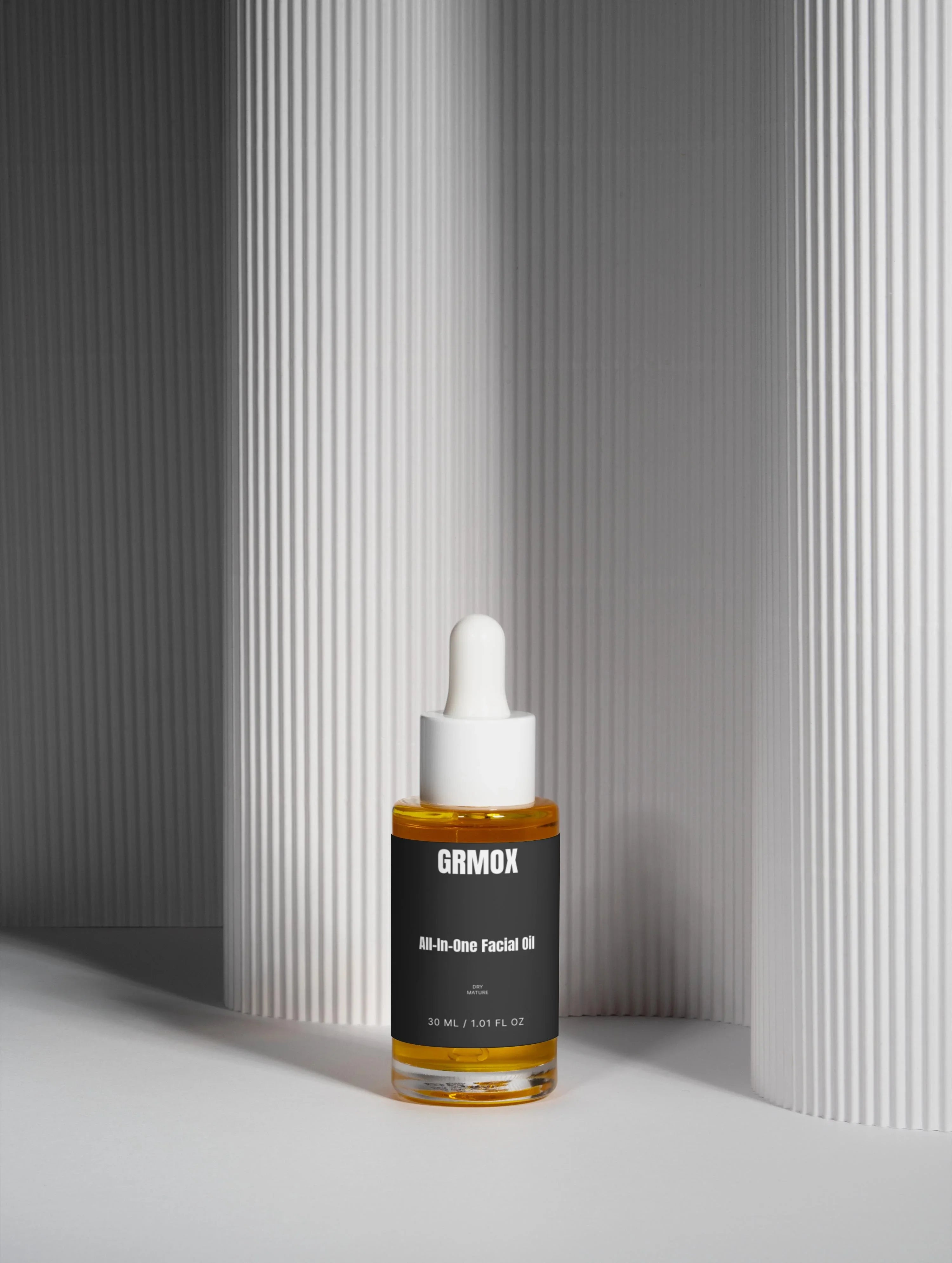 GRMOX All-In-One Facial Oil for dry mature skin, 30ml bottle with dropper, minimalist design