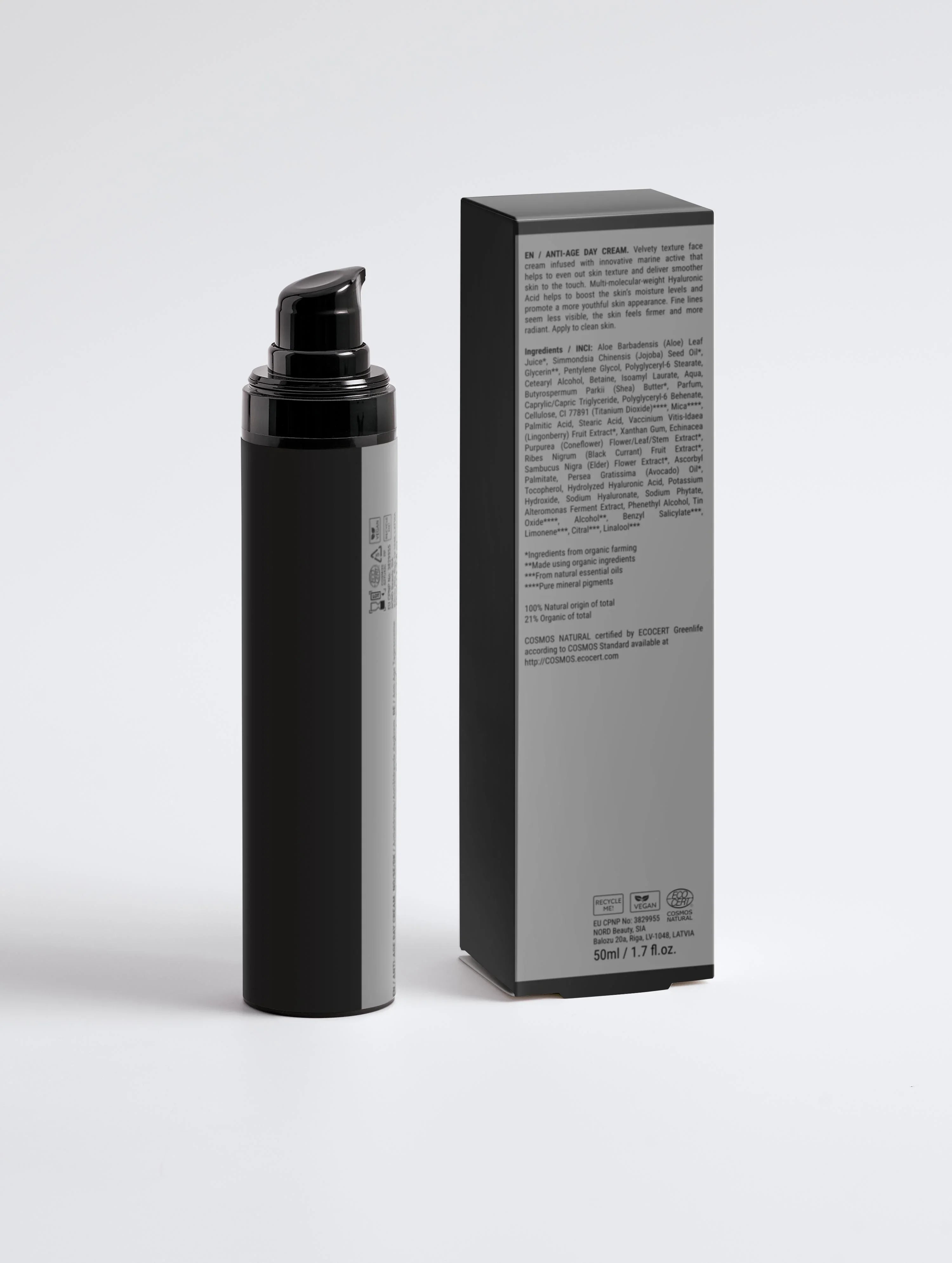 Anti-age day cream with hyaluronic acid in black pump bottle and box, vegan & COSMOS certified