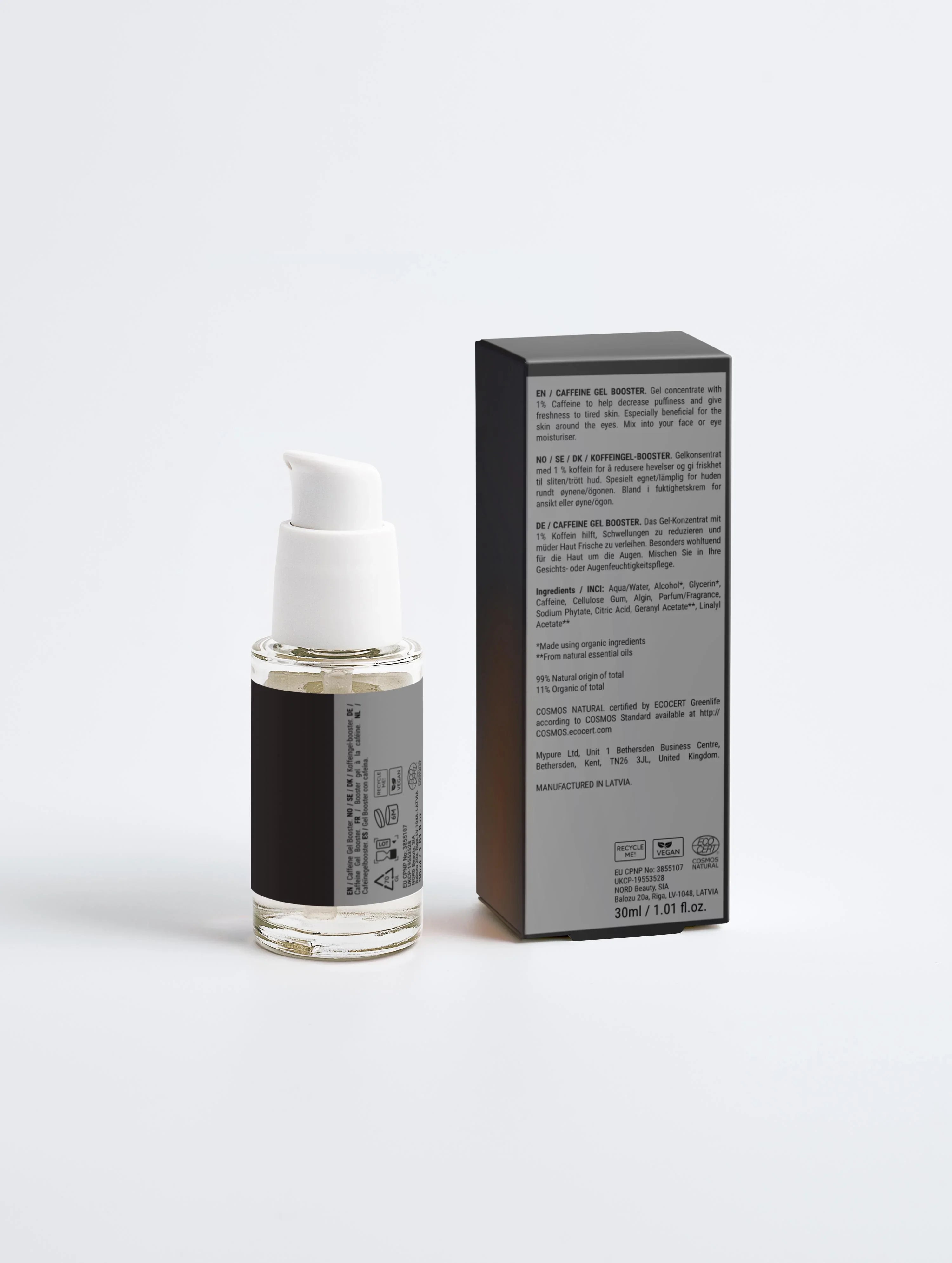 Caffeine Gel Booster for tired skin, 30ml bottle with pump, vegan & COSMOS Natural certified, reduces puffiness