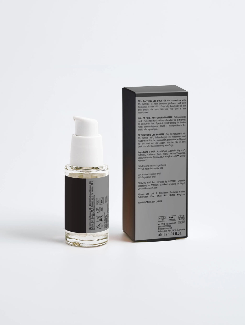 Caffeine Gel Booster for tired skin, 30ml bottle with pump, vegan & COSMOS Natural certified, reduces puffiness