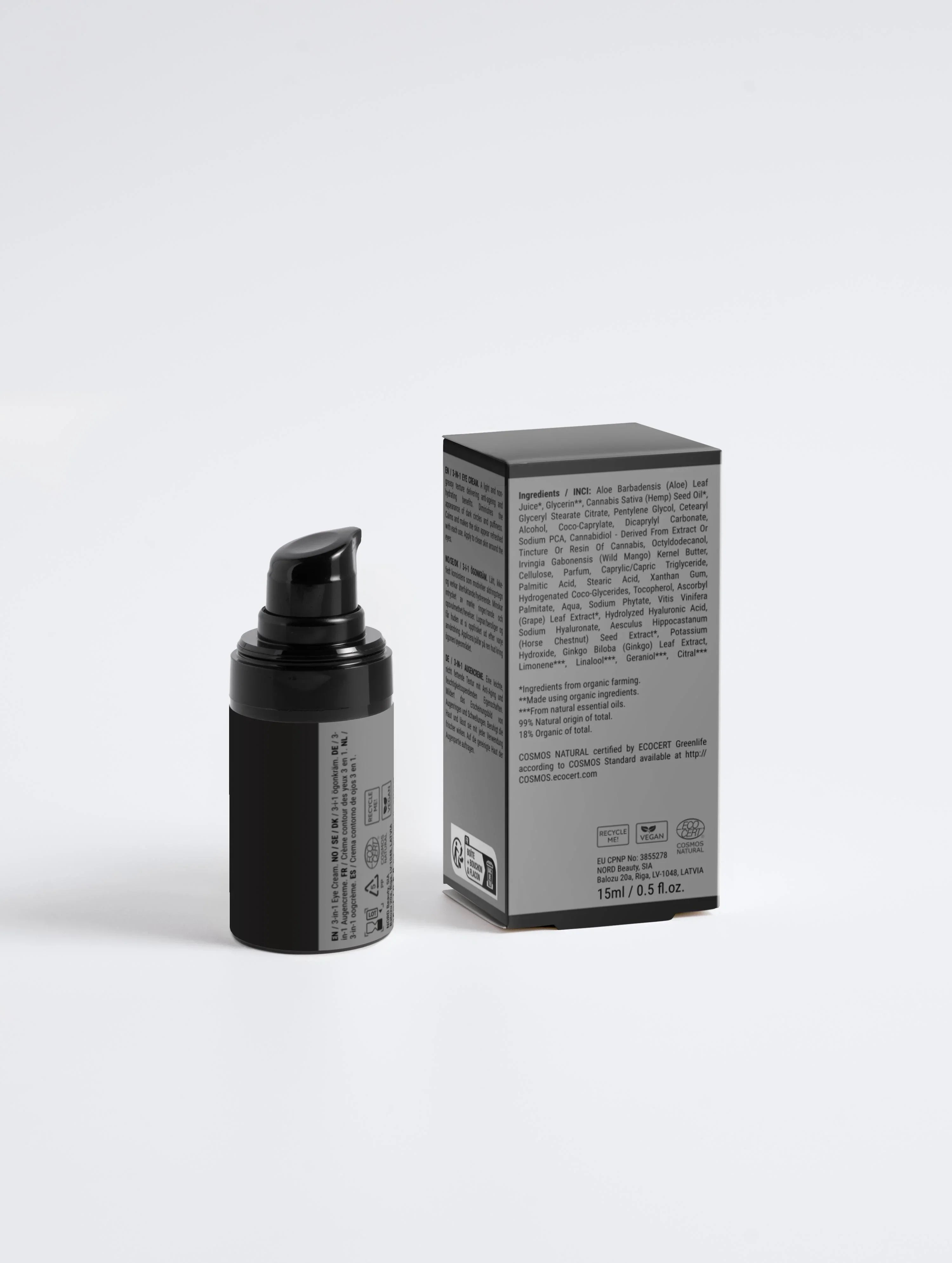 3-in-1 eye cream with black pump bottle and packaging, vegan, COSMOS Natural certified, 15ml