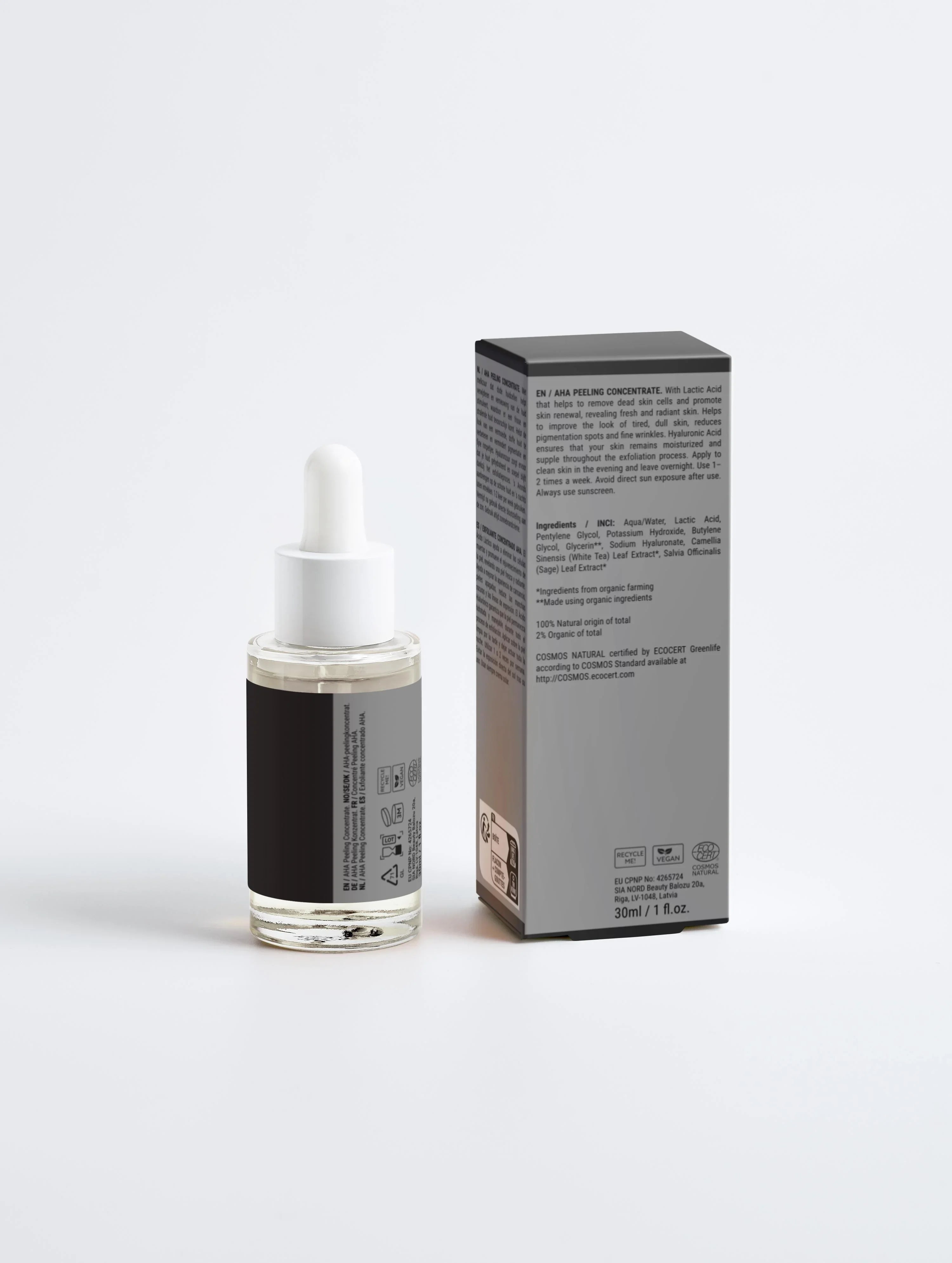 AHA Peeling Concentrate serum with lactic acid for skin renewal, vegan & COSMOS Natural certified, 30ml