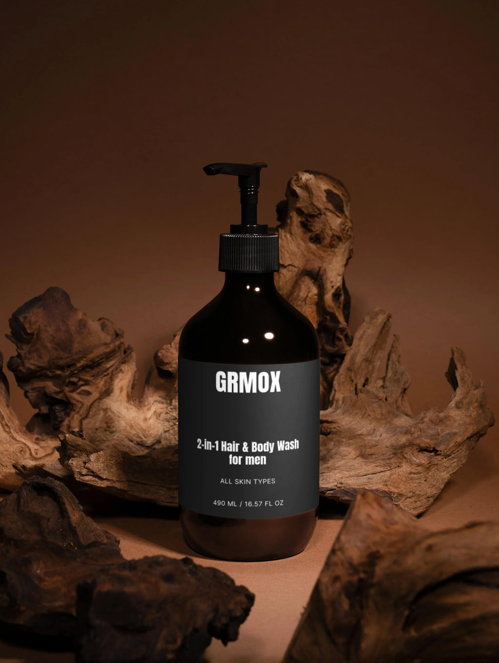 GRMOX 2-in-1 Hair & Body Wash for men, all skin types, 490ml bottle with pump, rustic wood background