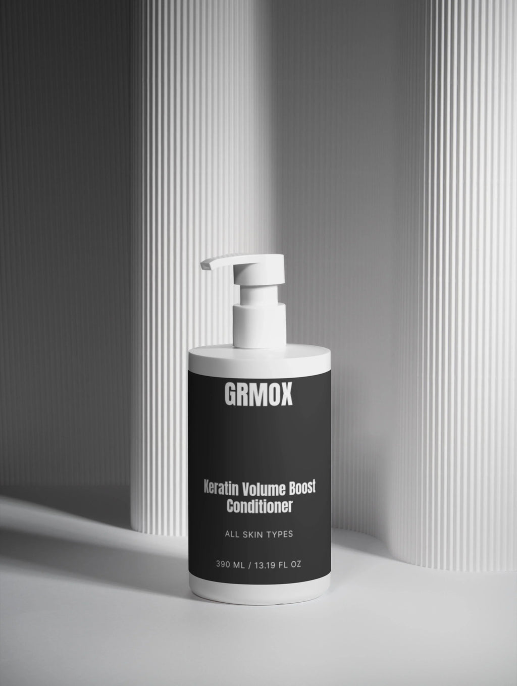 GRMOX Keratin Volume Boost Conditioner for all skin types, 390ml pump bottle on textured background