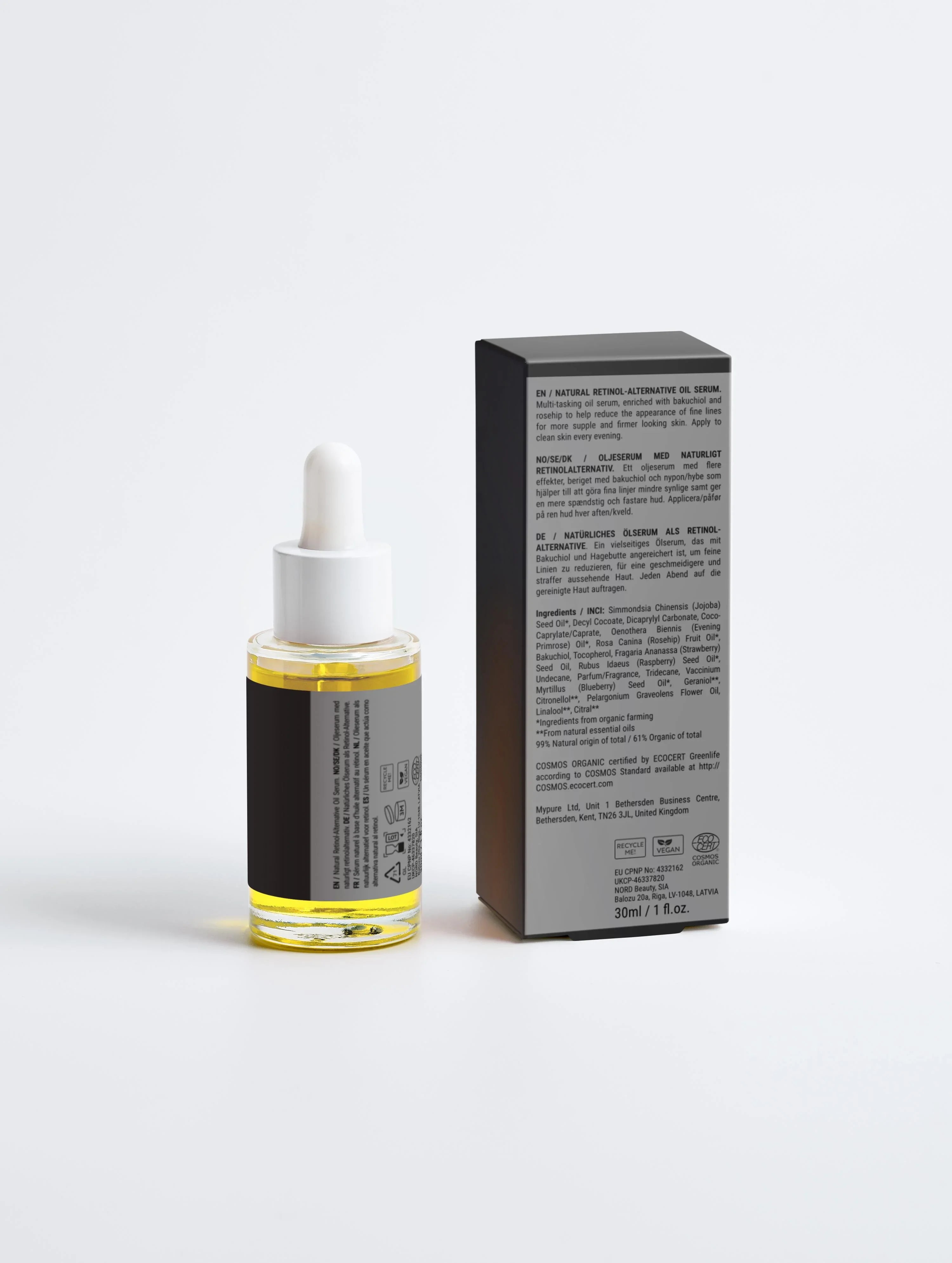 Natural retinol alternative oil serum with bakuchiol & rosehip, vegan, COSMOS certified, 30ml