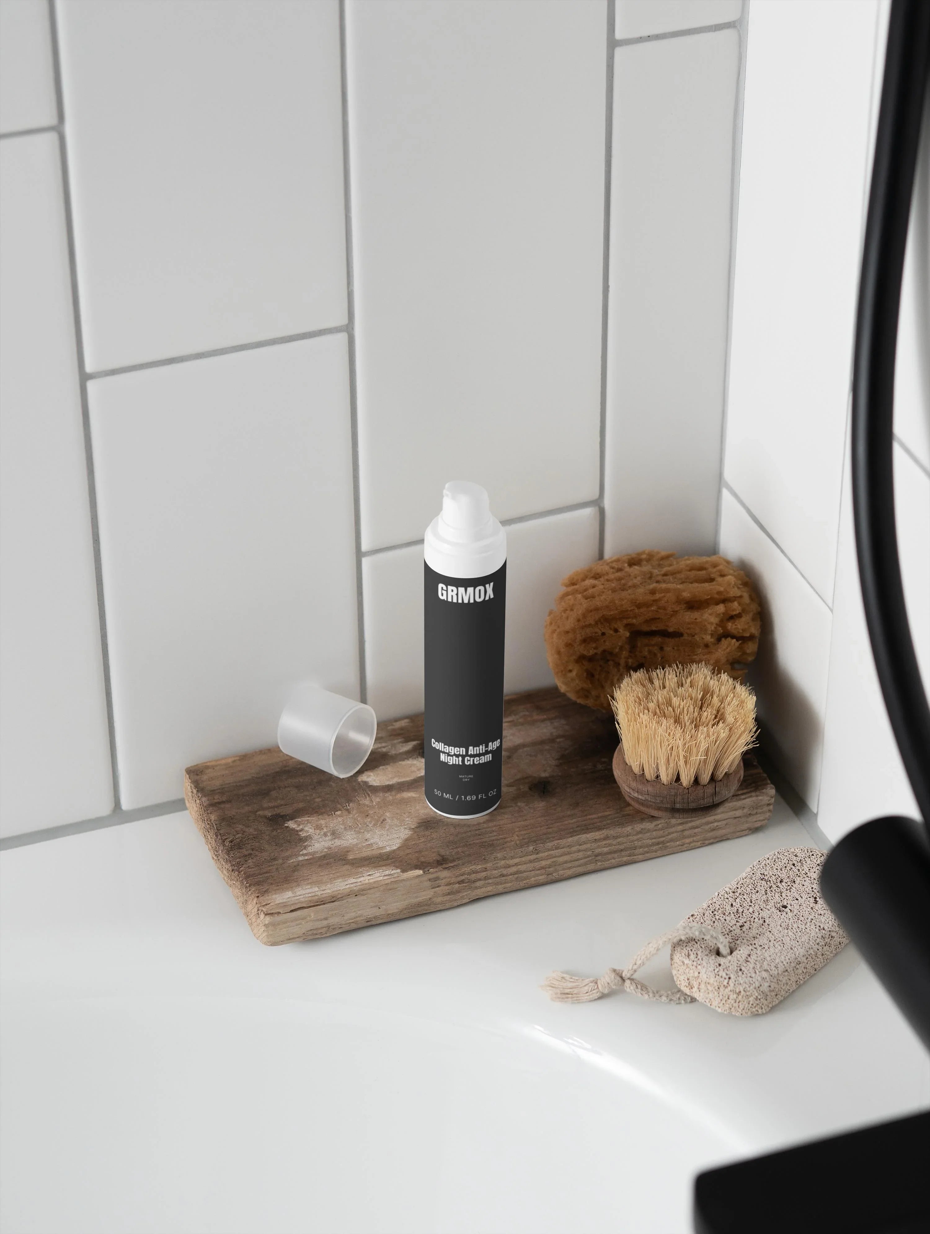GRMOX Collagen Anti-Age Night Cream on rustic wood tray with bath accessories in tiled bathroom