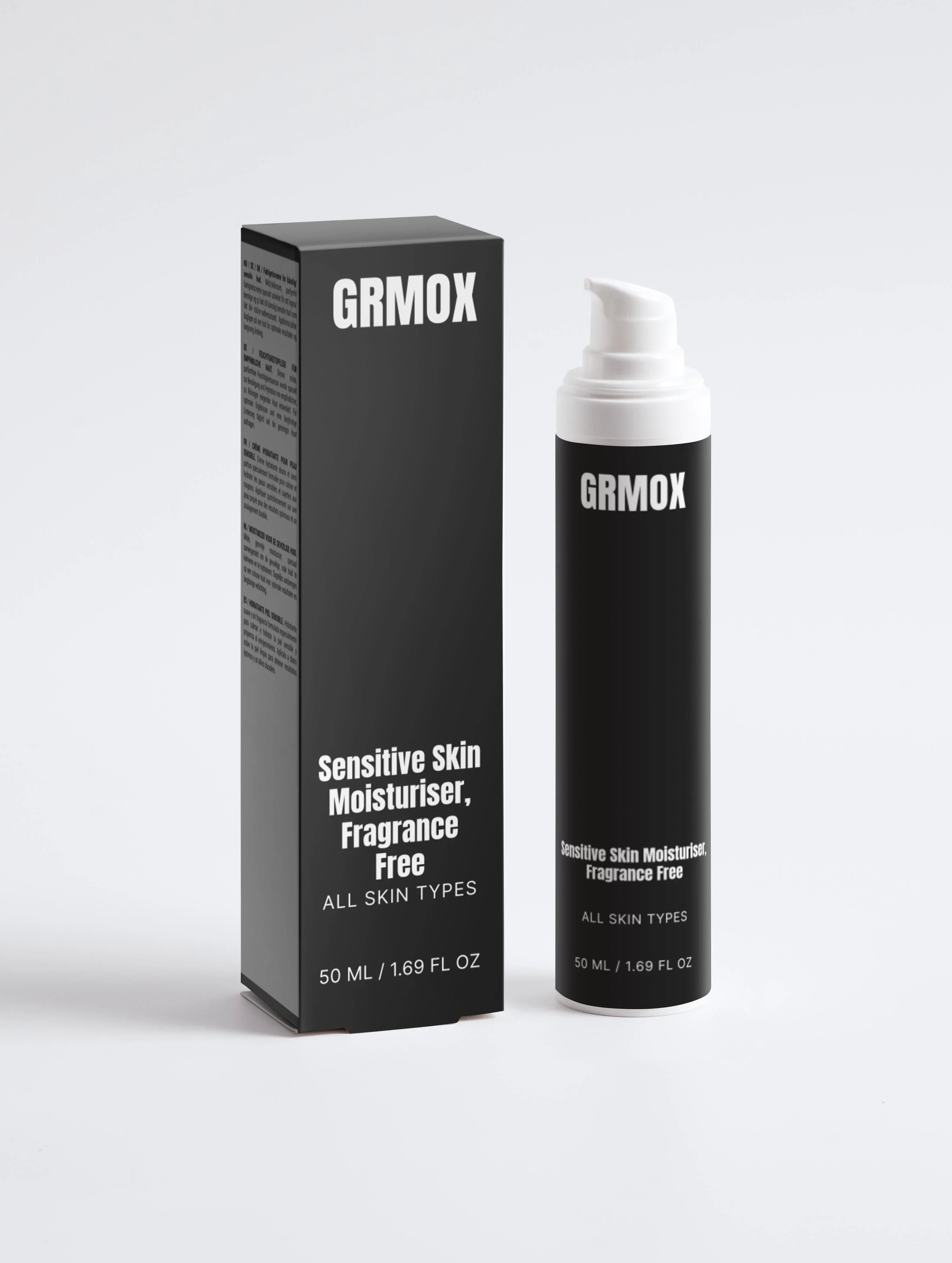 GRMOX Sensitive Skin Moisturiser, fragrance-free for all skin types, 50ml bottle with pump and box