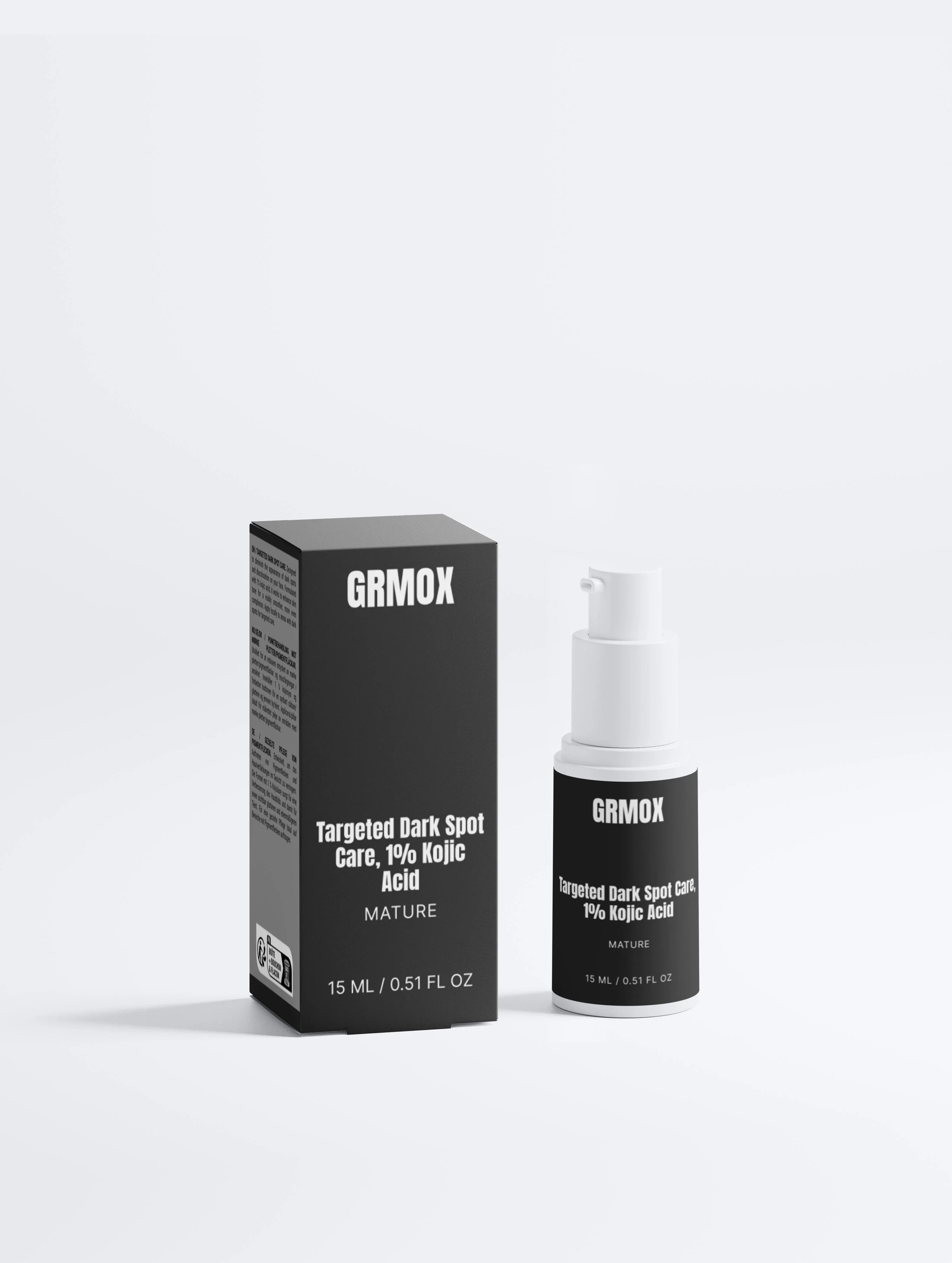 GRMOX Targeted Dark Spot Care with 1% Kojic Acid, 15ml bottle and box, mature skin treatment
