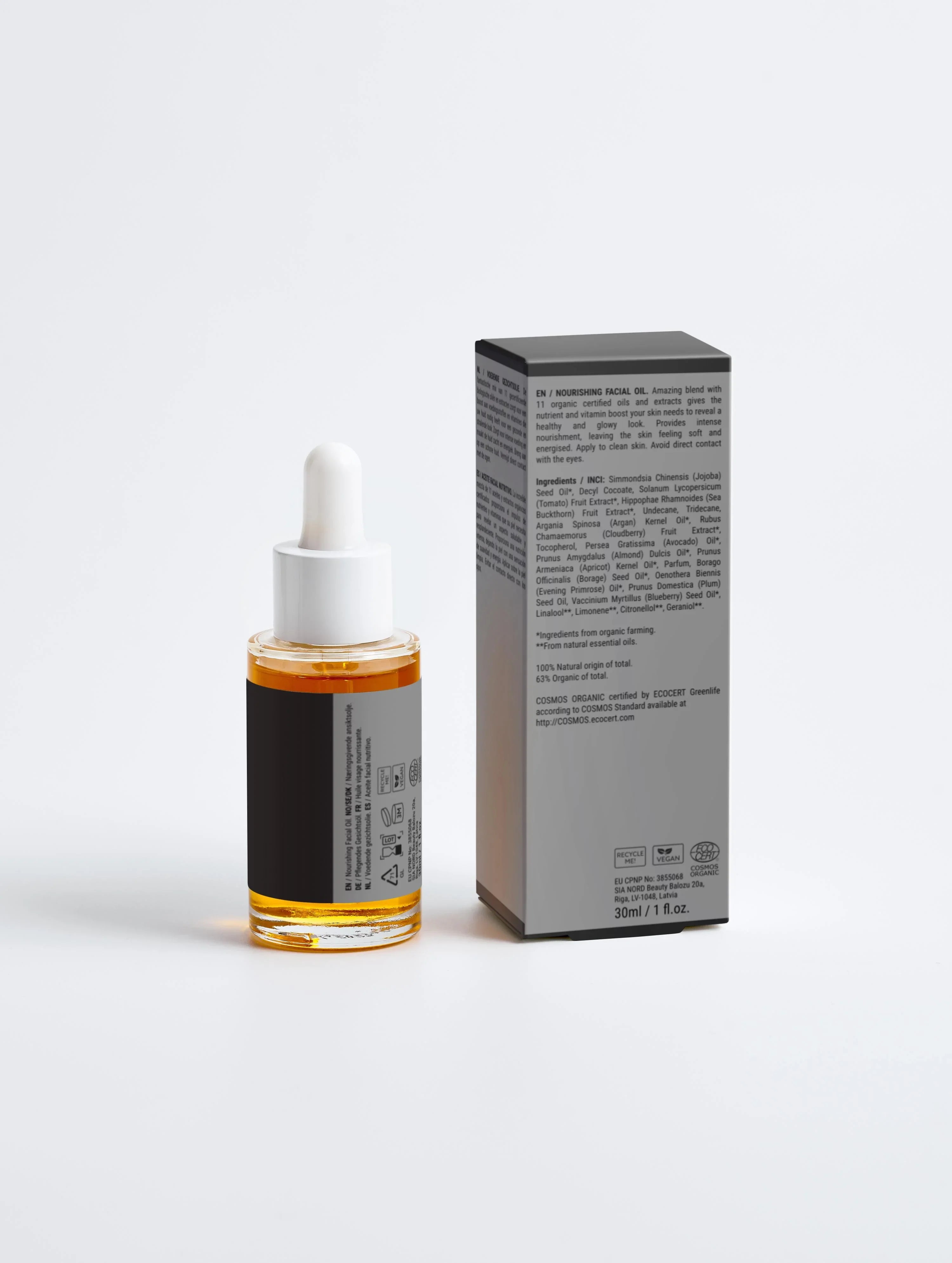 Nourishing facial oil with organic certified ingredients, vegan & COSMOS certified, 30ml bottle with dropper