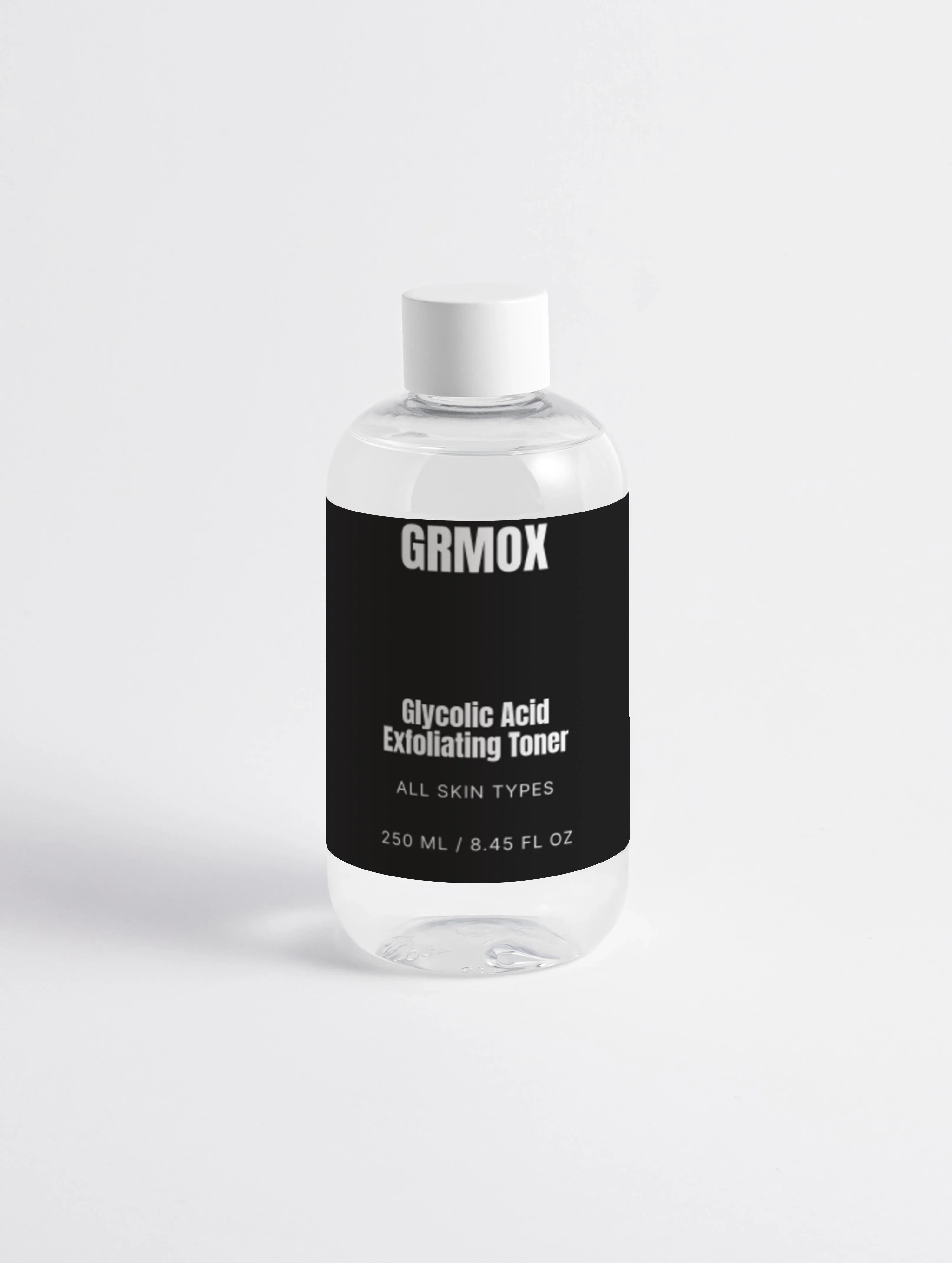 GRMOX Glycolic Acid Exfoliating Toner for all skin types, 250ml bottle with black label and white cap
