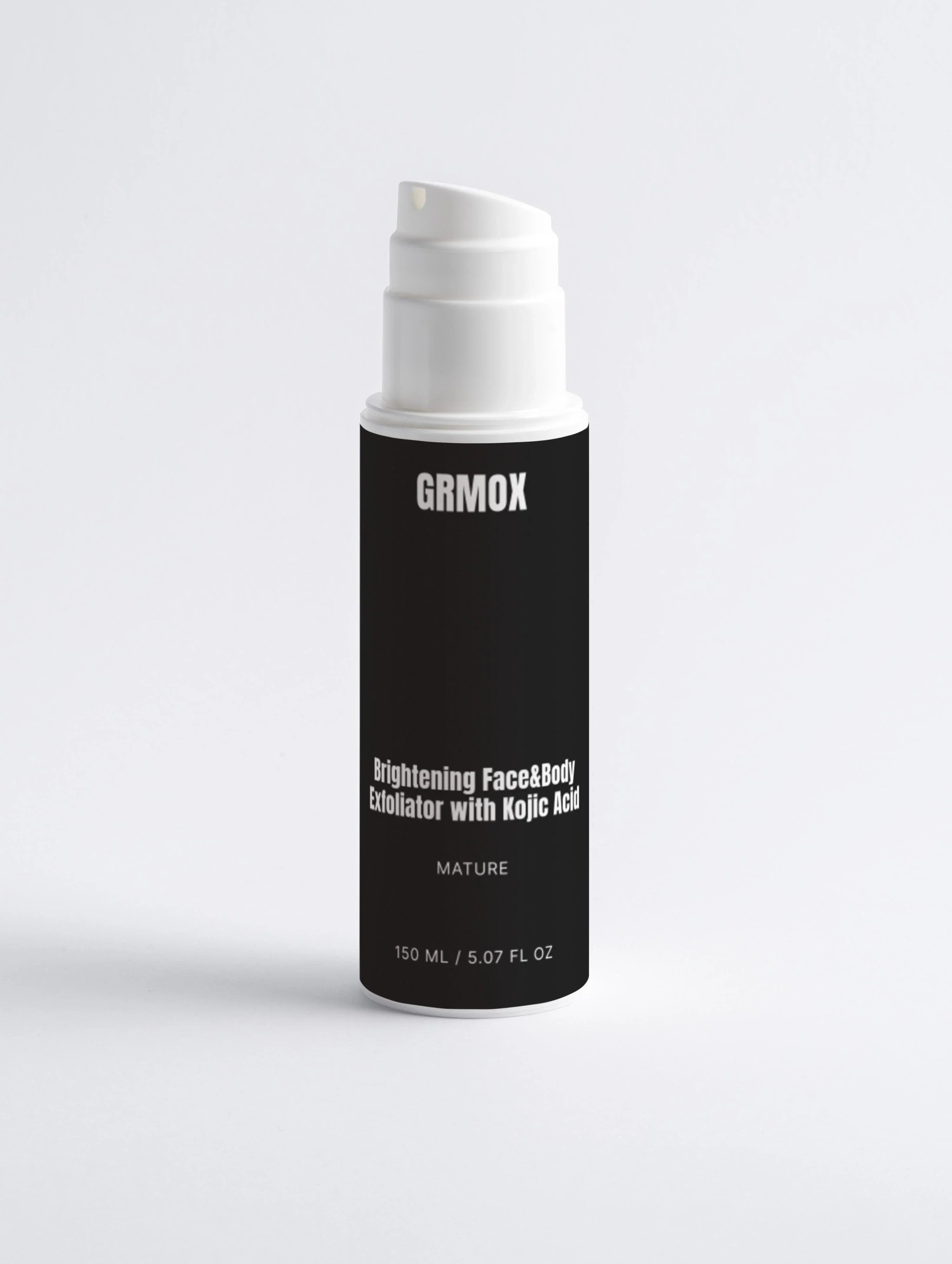 Brightening face and body exfoliator with kojic acid in black bottle, 150ml