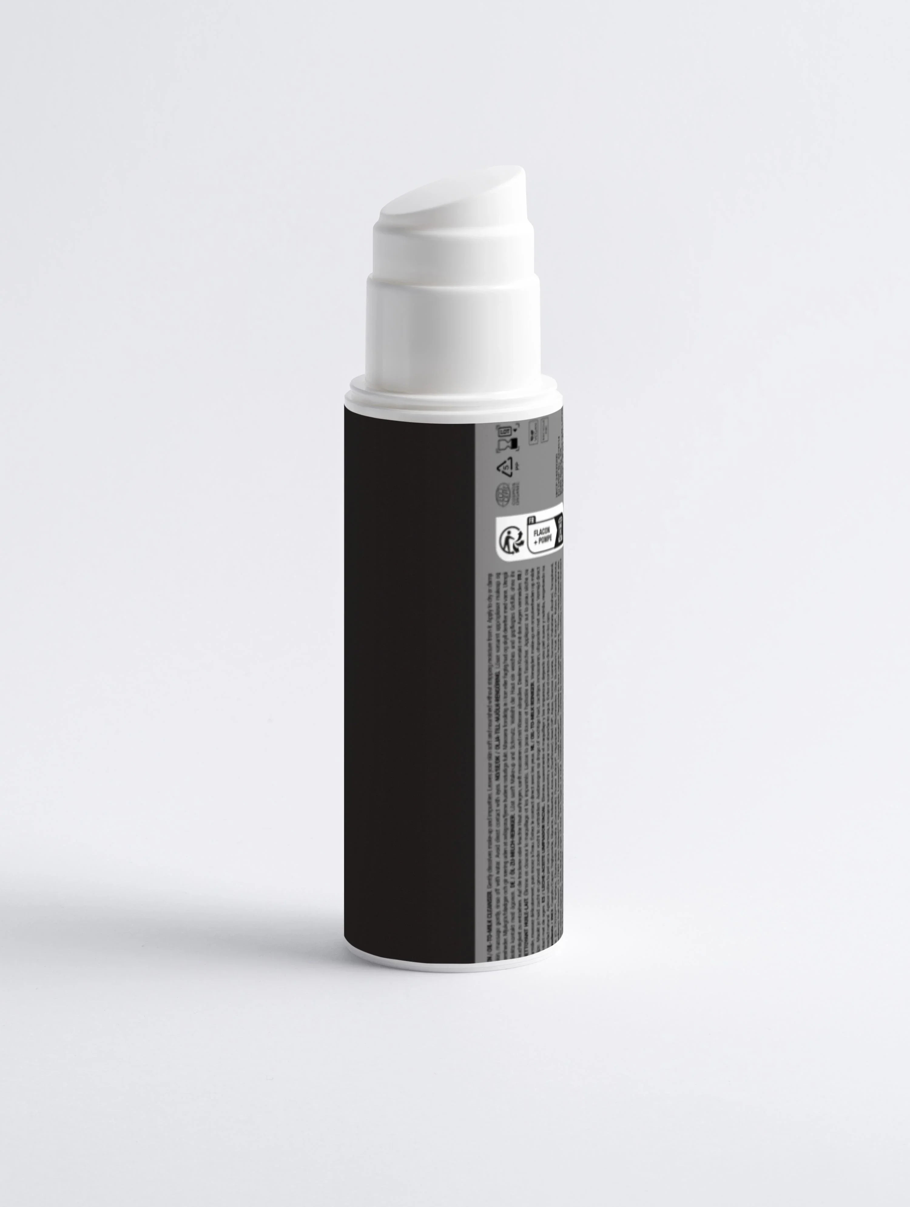 Black and white pump bottle with label, clean skincare product on white background