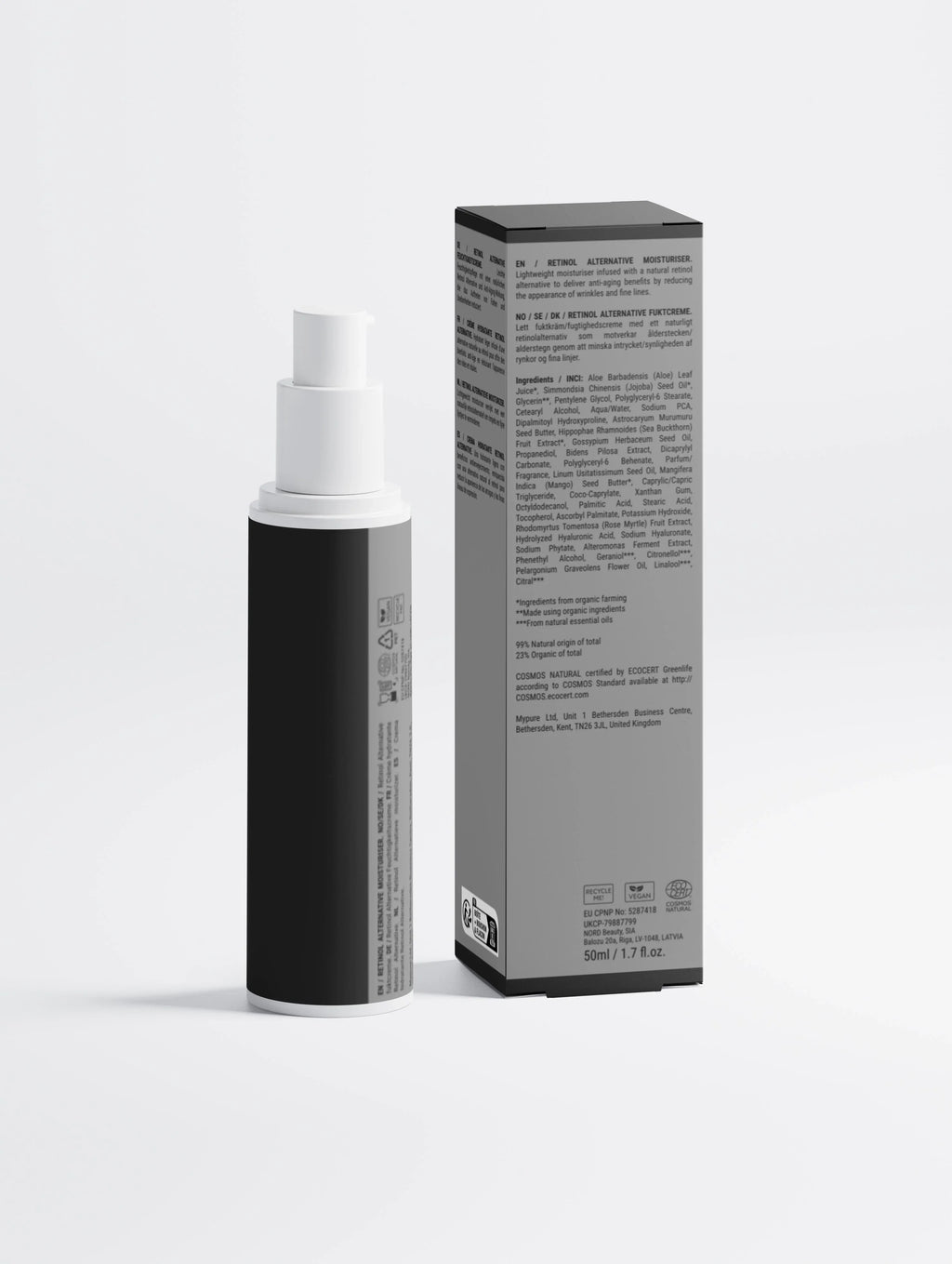 Retinol alternative moisturizer bottle and box, lightweight anti-aging cream with natural ingredients, vegan and COSMOS certified