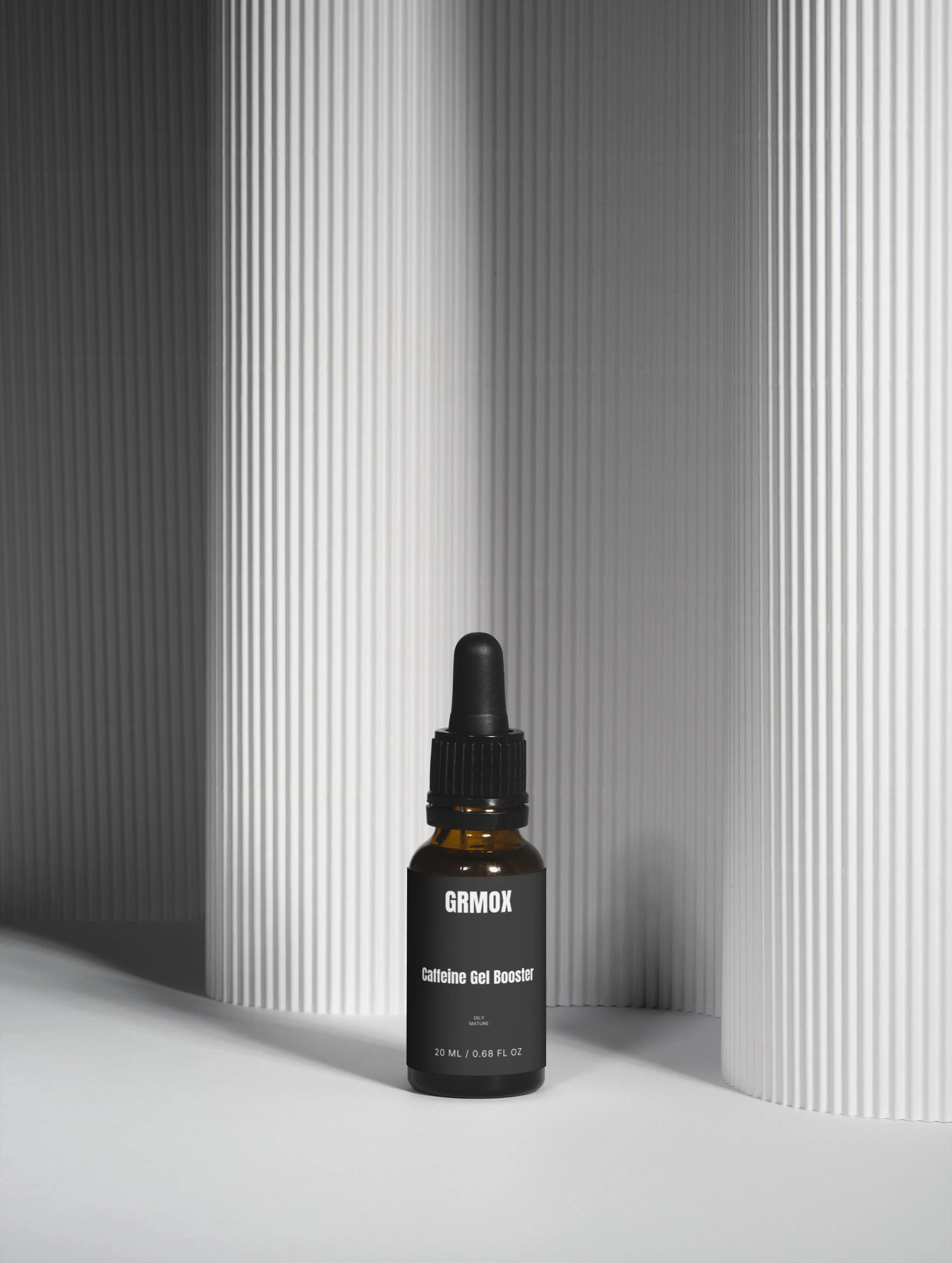 GRMOX Caffeine Gel Booster in amber dropper bottle for oily mature skin, 20ml