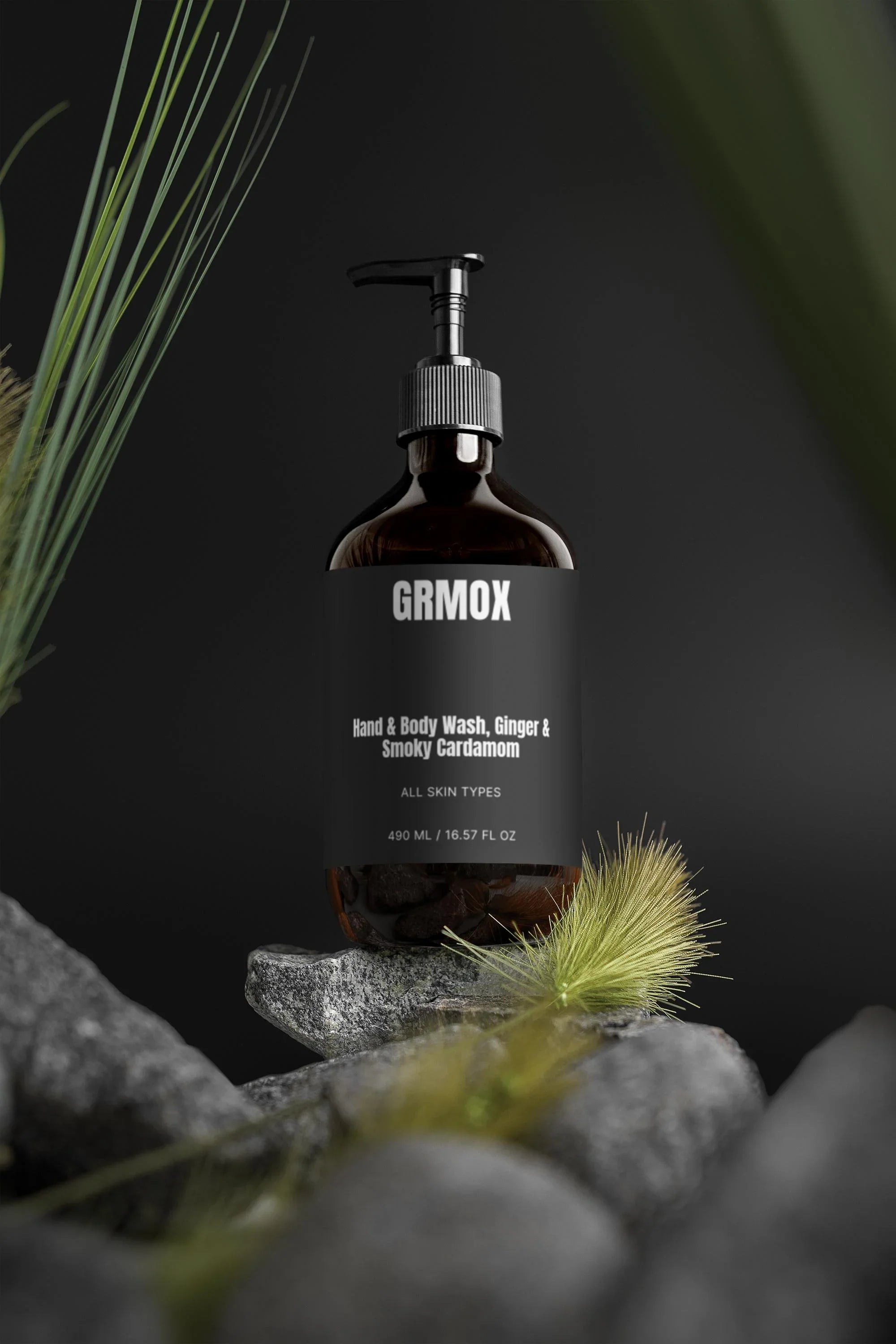 GRMOX Hand & Body Wash, Ginger & Smoky Cardamom, 490ml, for all skin types, on dark stone with greenery