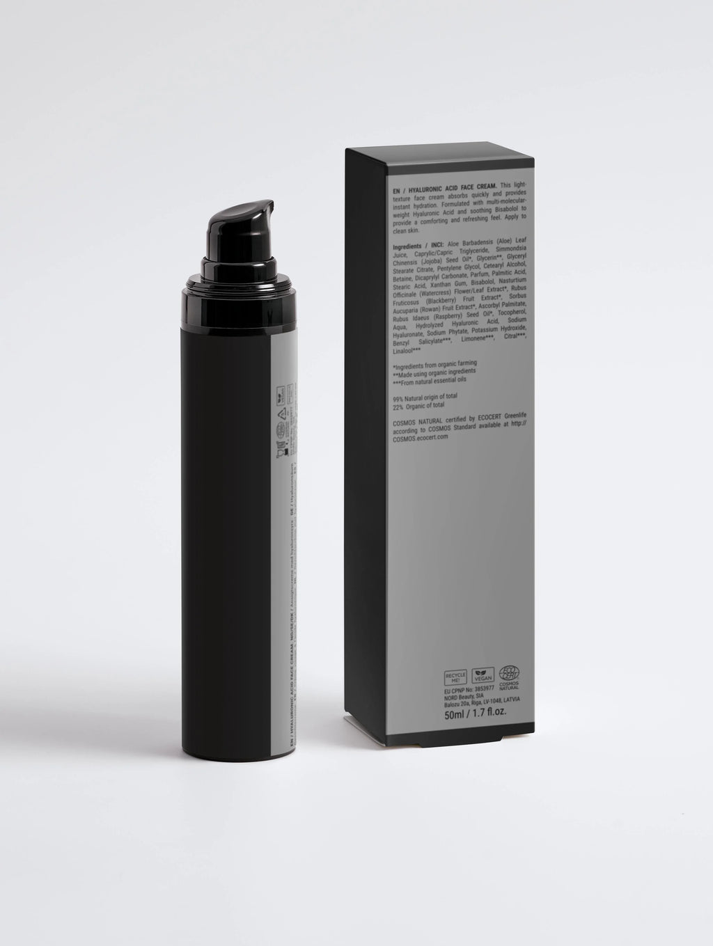 Hyaluronic Acid Face Cream in sleek black bottle with pump, 50ml, vegan & COSMOS Natural certified