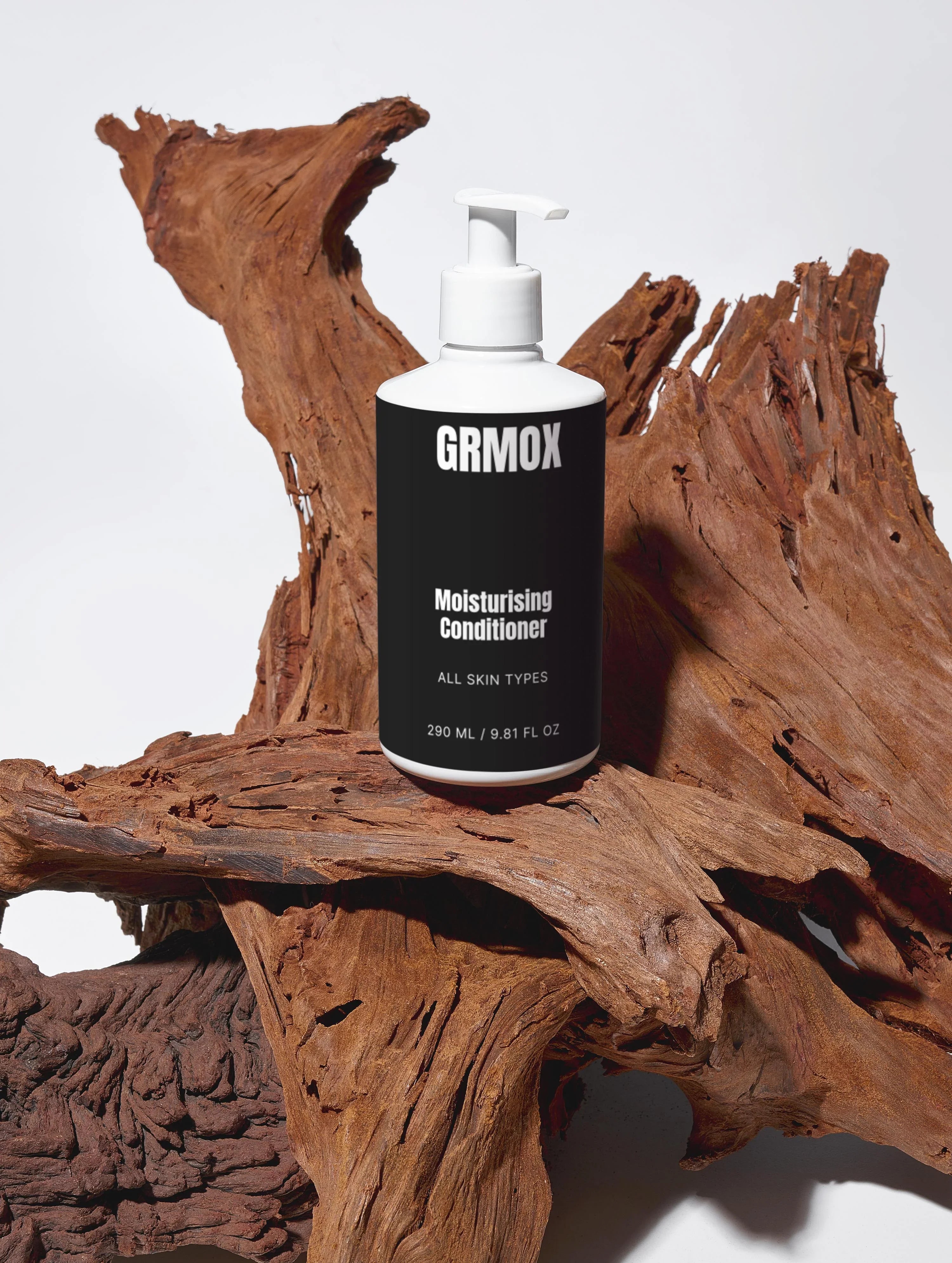 GRMOX Moisturising Conditioner for all skin types, 290ml bottle on rustic wood, natural skincare