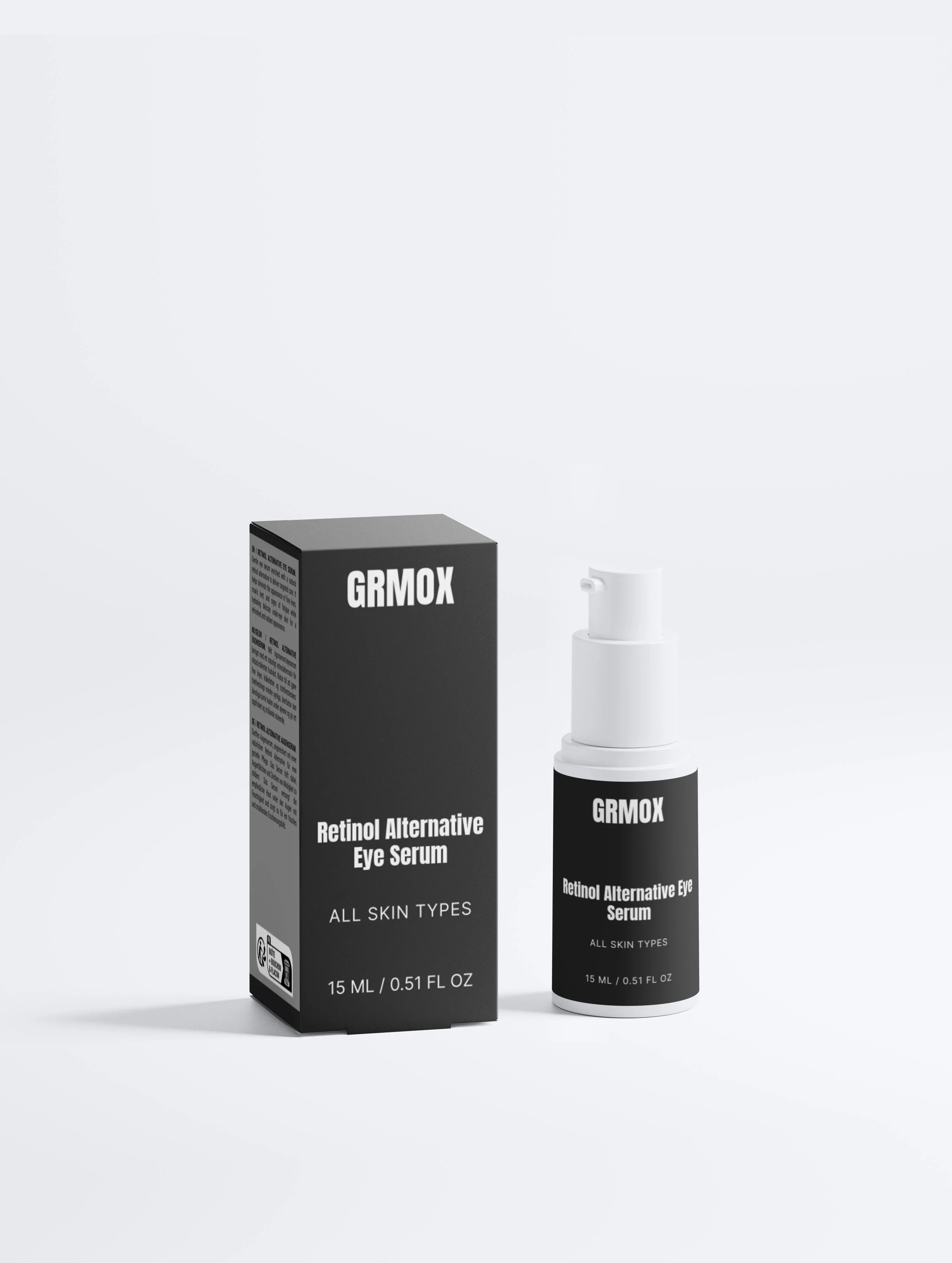 Retinol Alternative Eye Serum for all skin types, 15ml bottle and box, minimalist black and white design