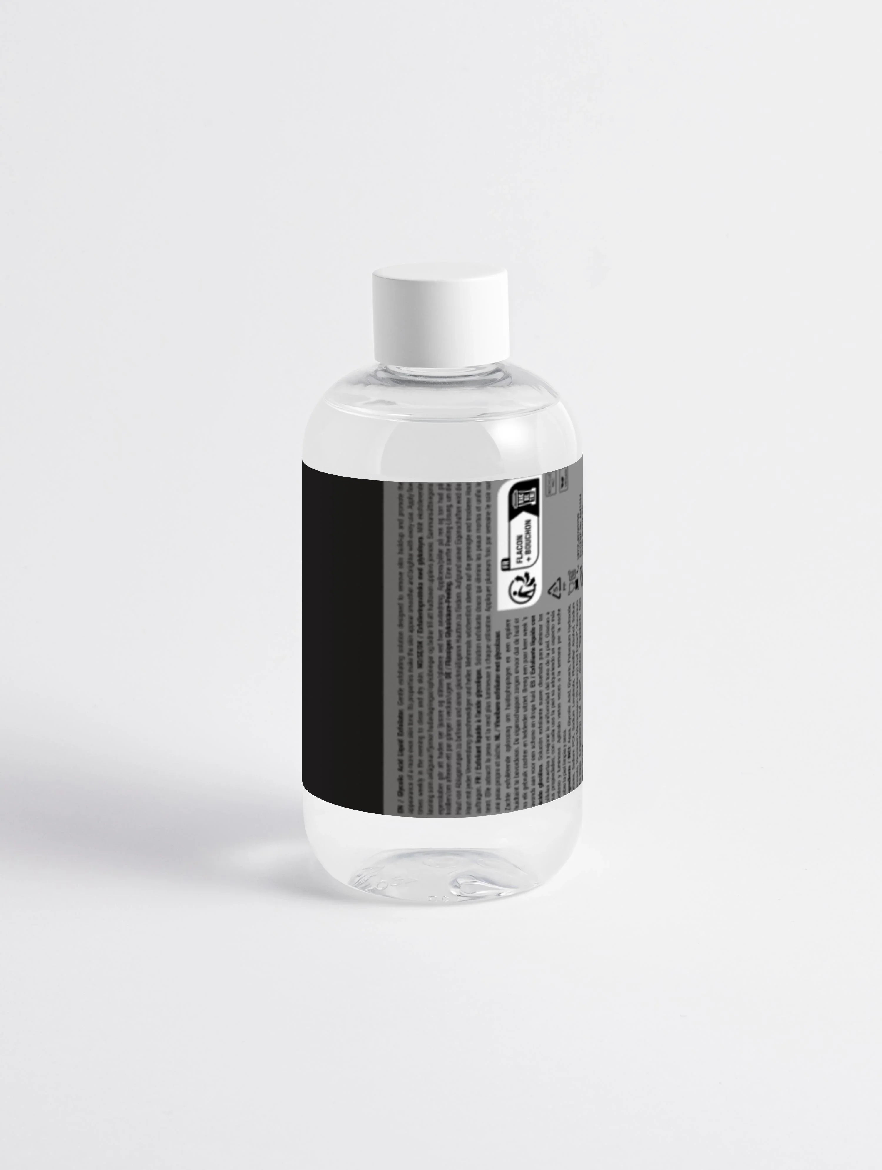 Clear bottle with white cap and black label, showing product info and recycling symbols on white background