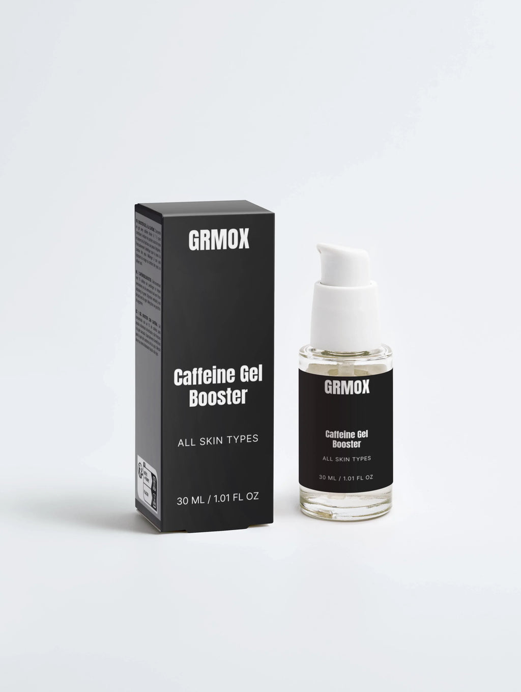 Caffeine Gel Booster for all skin types, 30ml face serum in clear bottle with black box packaging