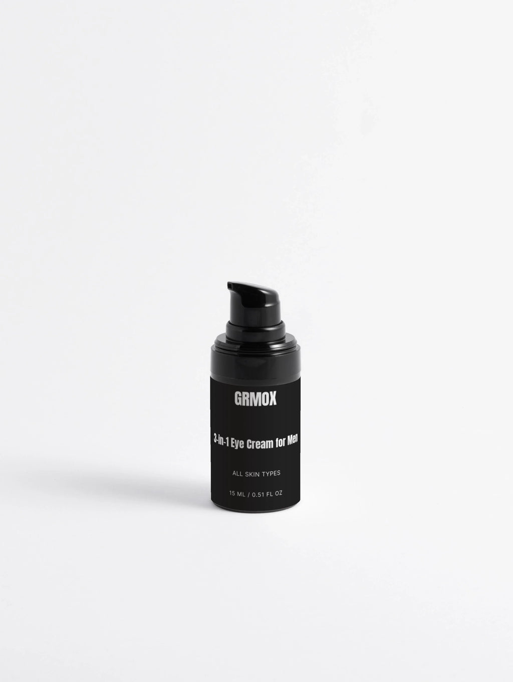 GRMOX 3-in-1 Eye Cream for Men, all skin types, 15ml black pump bottle on white background