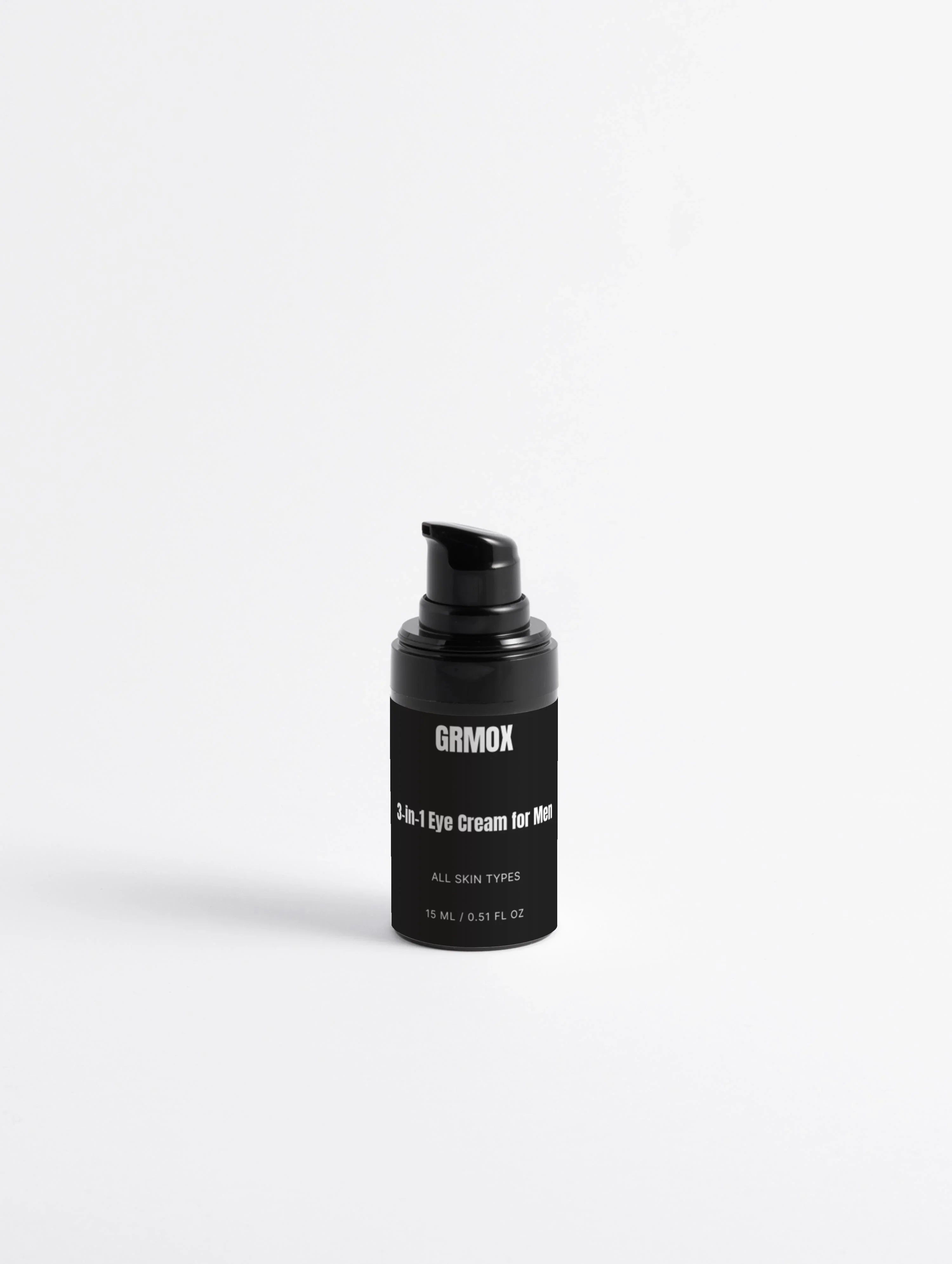 GRMOX 3-in-1 Eye Cream for Men, all skin types, 15ml black pump bottle on white background