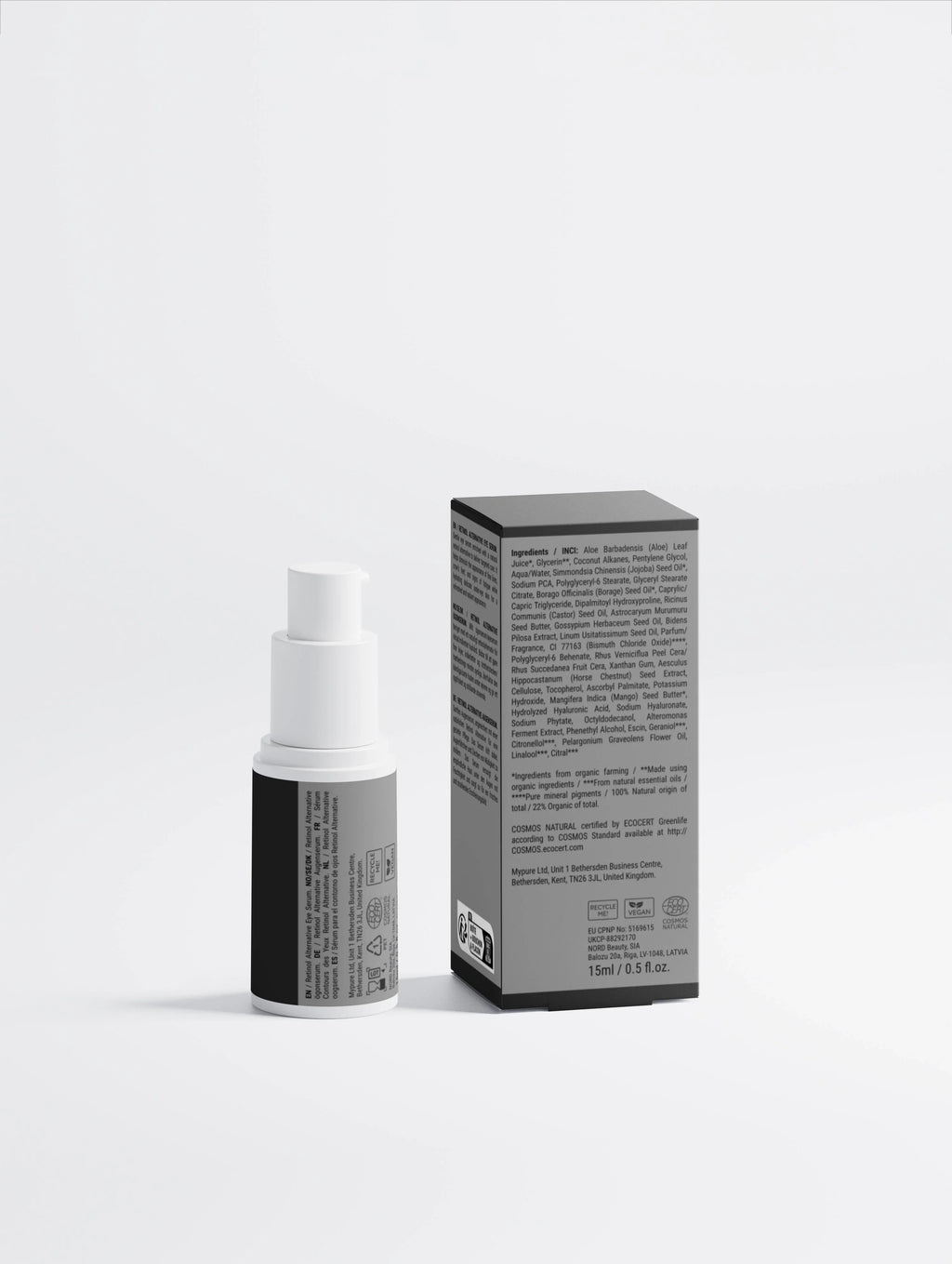 Retinol alternative eye serum bottle and box, vegan, COSMOS Natural certified, 15ml