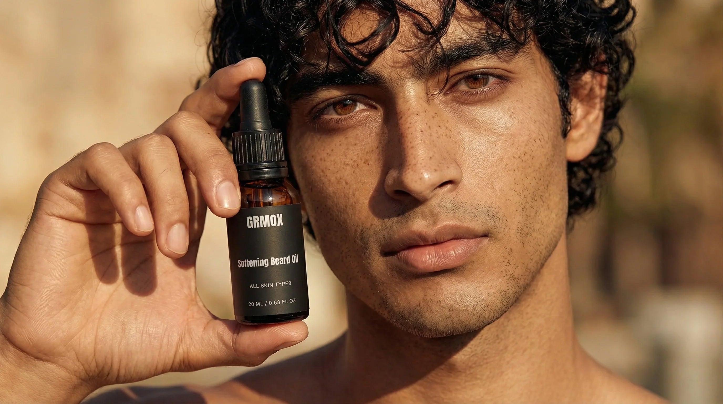 Man holding GRMOX Softening Beard Oil for all skin types, 20ml bottle with dropper