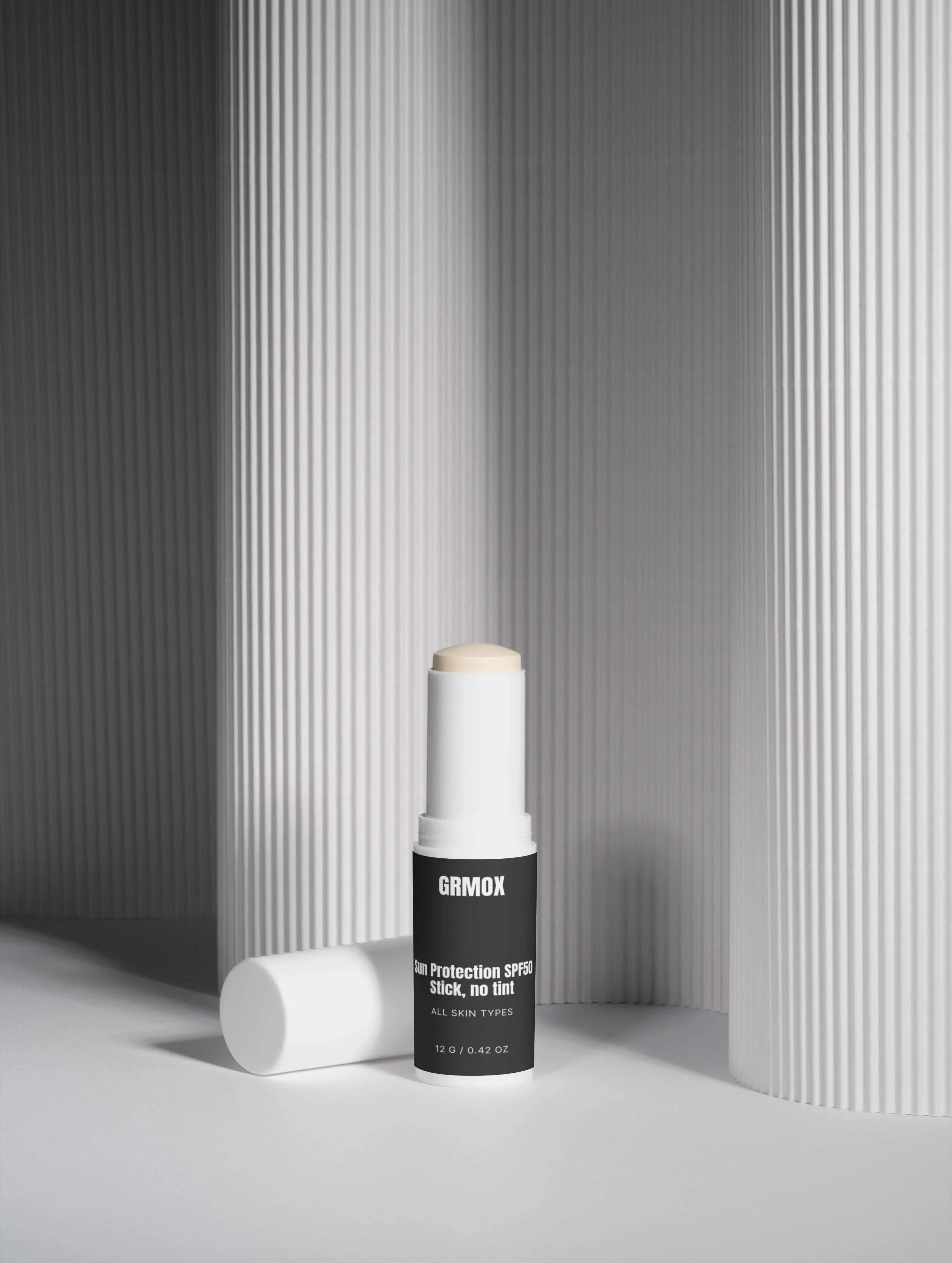GRMOX Sun Protection SPF50 stick, no tint, all skin types, minimalist white design