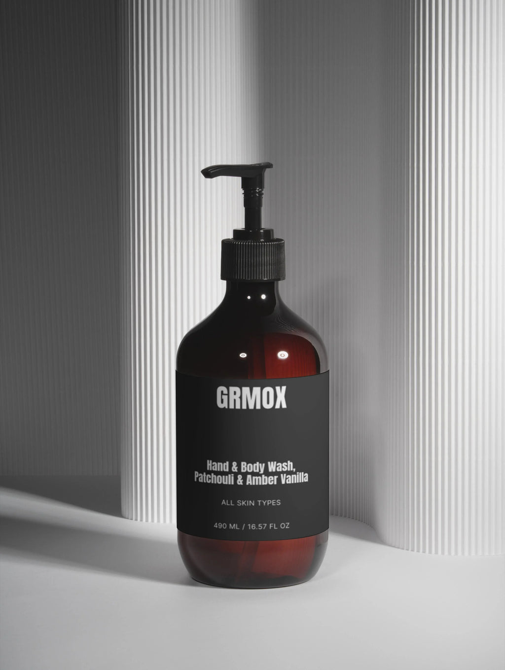 GRMOX Hand & Body Wash, Patchouli & Amber Vanilla, 490ml, all skin types, black pump bottle