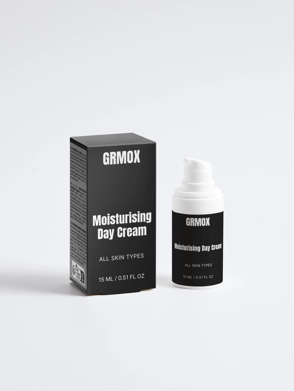 GRMOX Moisturising Day Cream for all skin types, 15ml bottle with pump and black box packaging