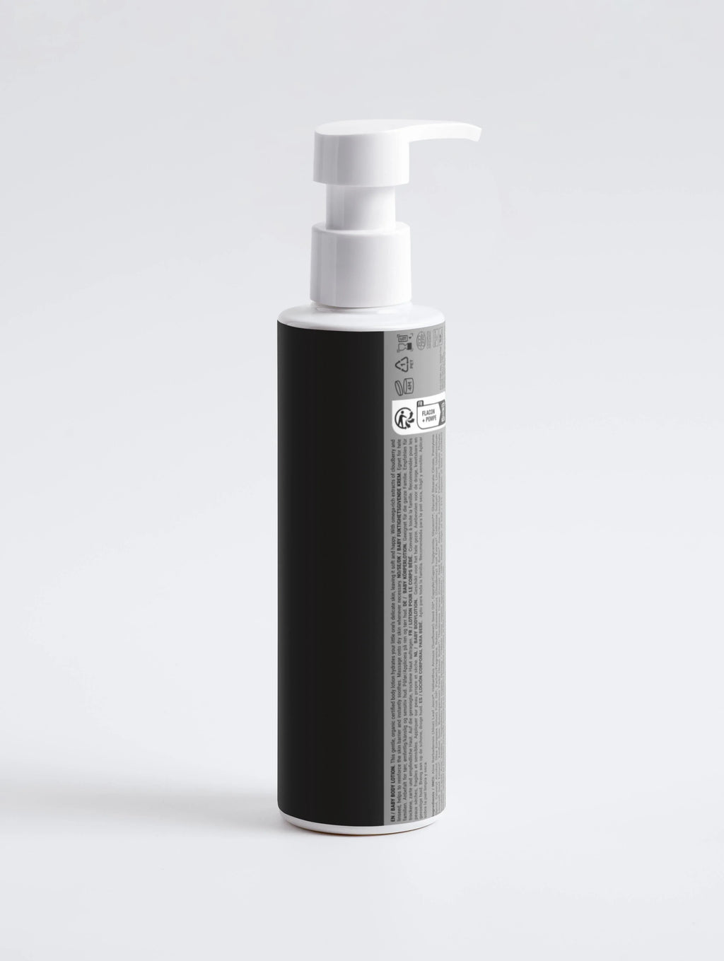 Black bottle with white pump dispenser, labeled baby body lotion for sensitive skin care