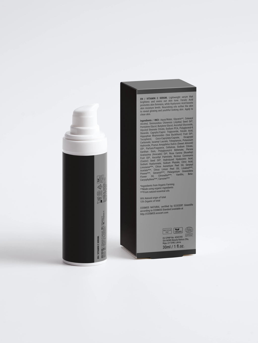 Vitamin C serum bottle and box, 30ml, vegan, COSMOS Natural certified, brightens skin tone