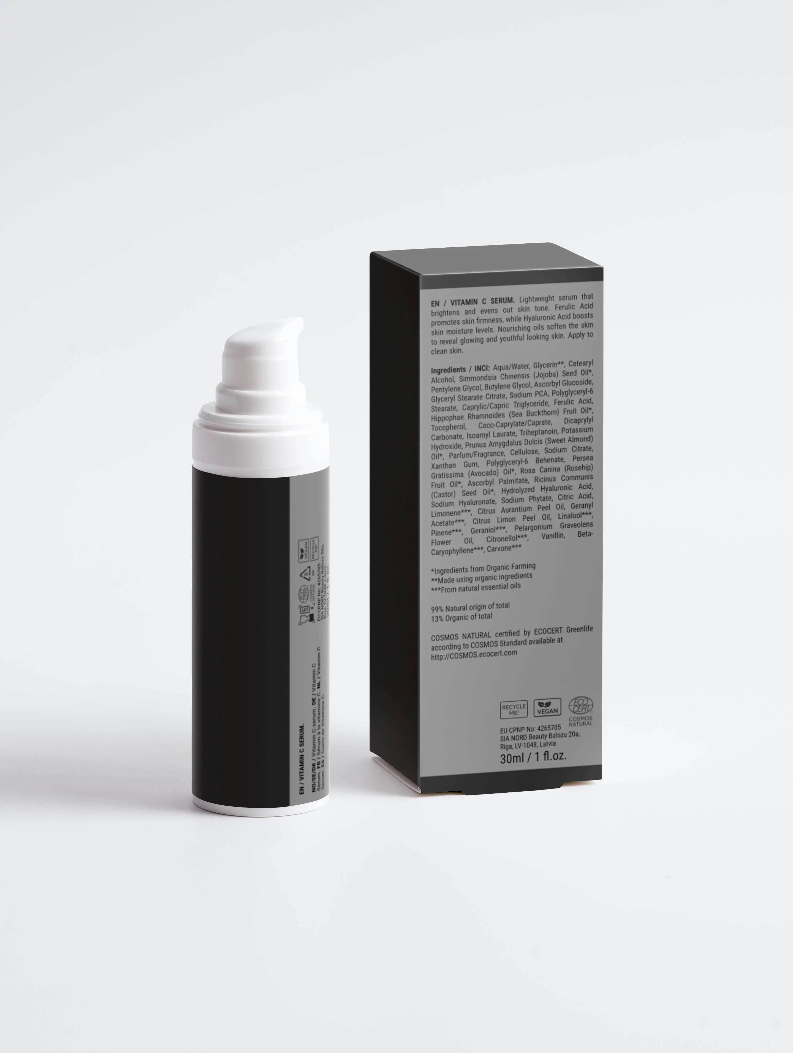 Vitamin C serum bottle and box, 30ml, vegan, COSMOS Natural certified, brightens skin tone