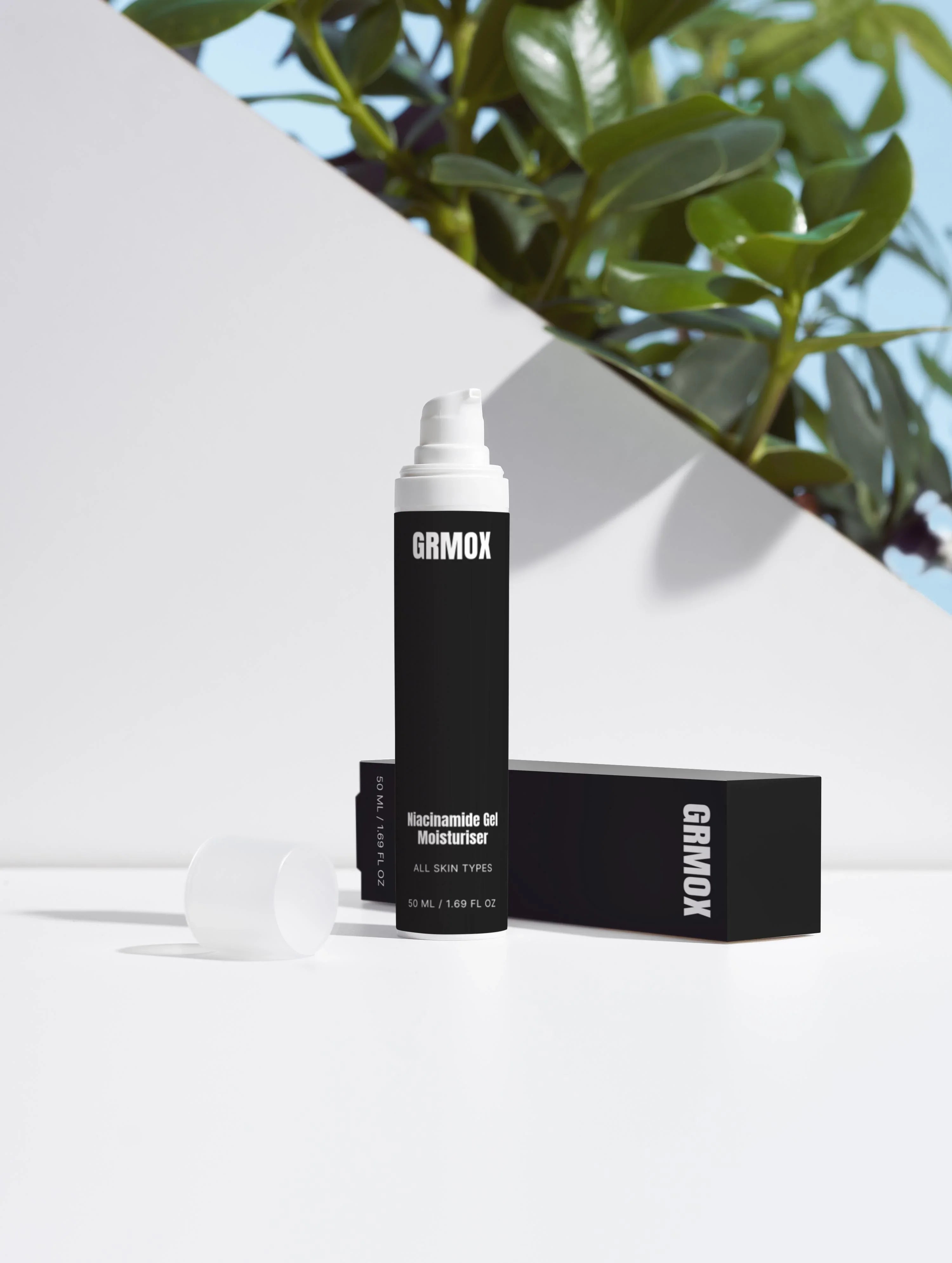 GRMOX Niacinamide Gel Moisturiser for all skin types, 50ml, with packaging and green plant background
