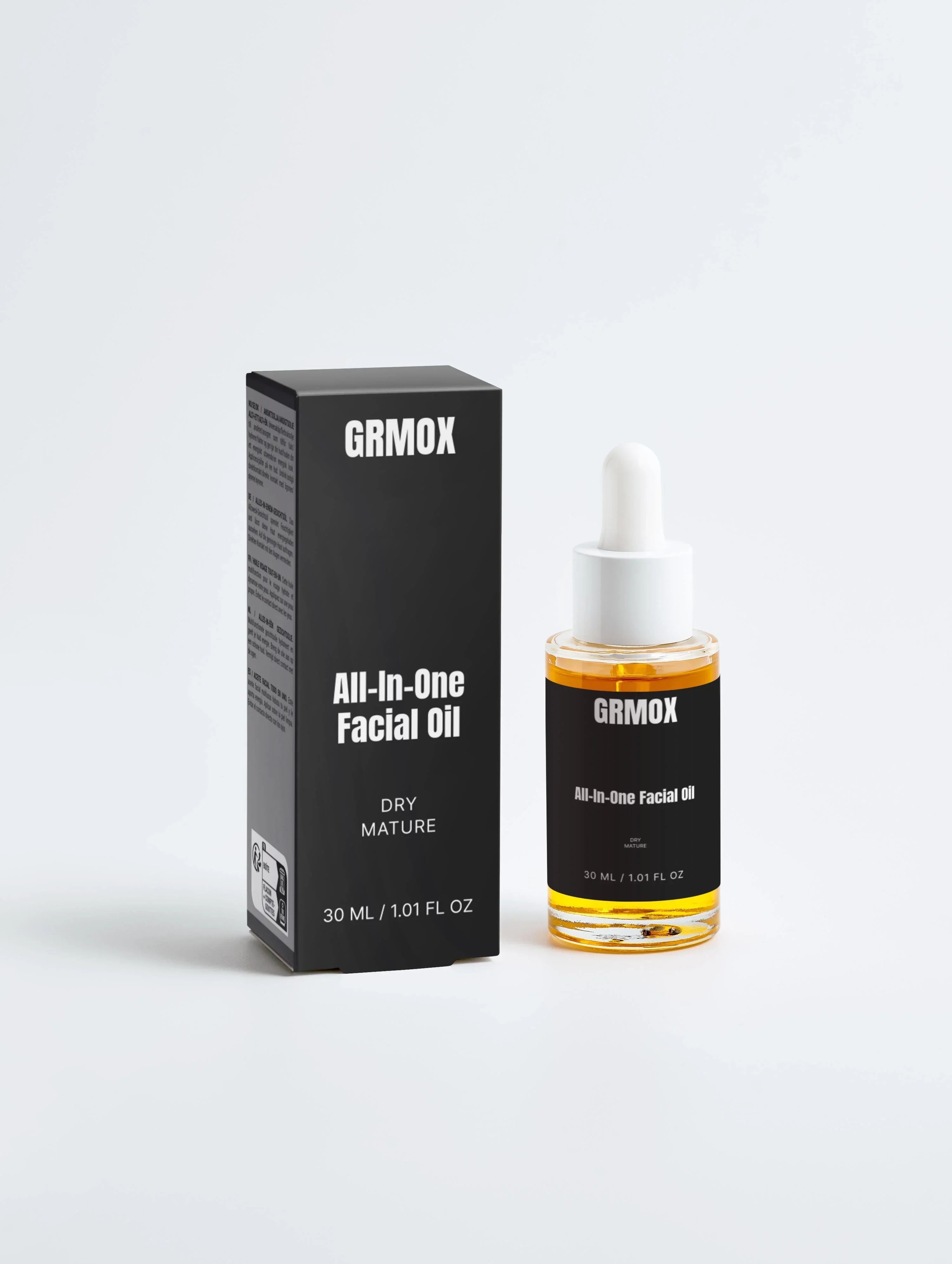 GRMOX All-In-One Facial Oil for dry mature skin, 30ml bottle with dropper and black box packaging