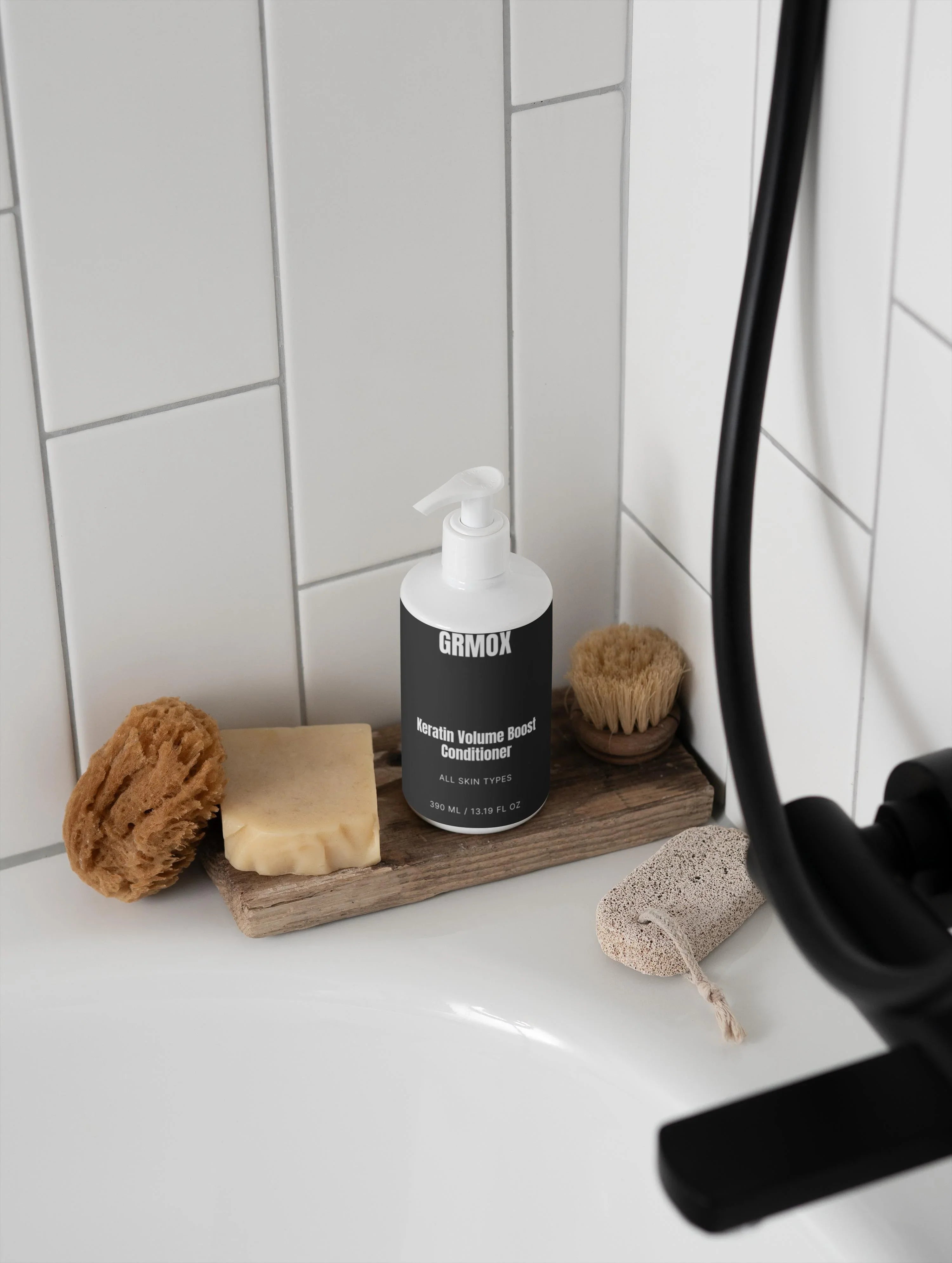 GRMOX Keratin Volume Boost Conditioner bottle with soap, sponge, and brush on wooden tray in bathroom