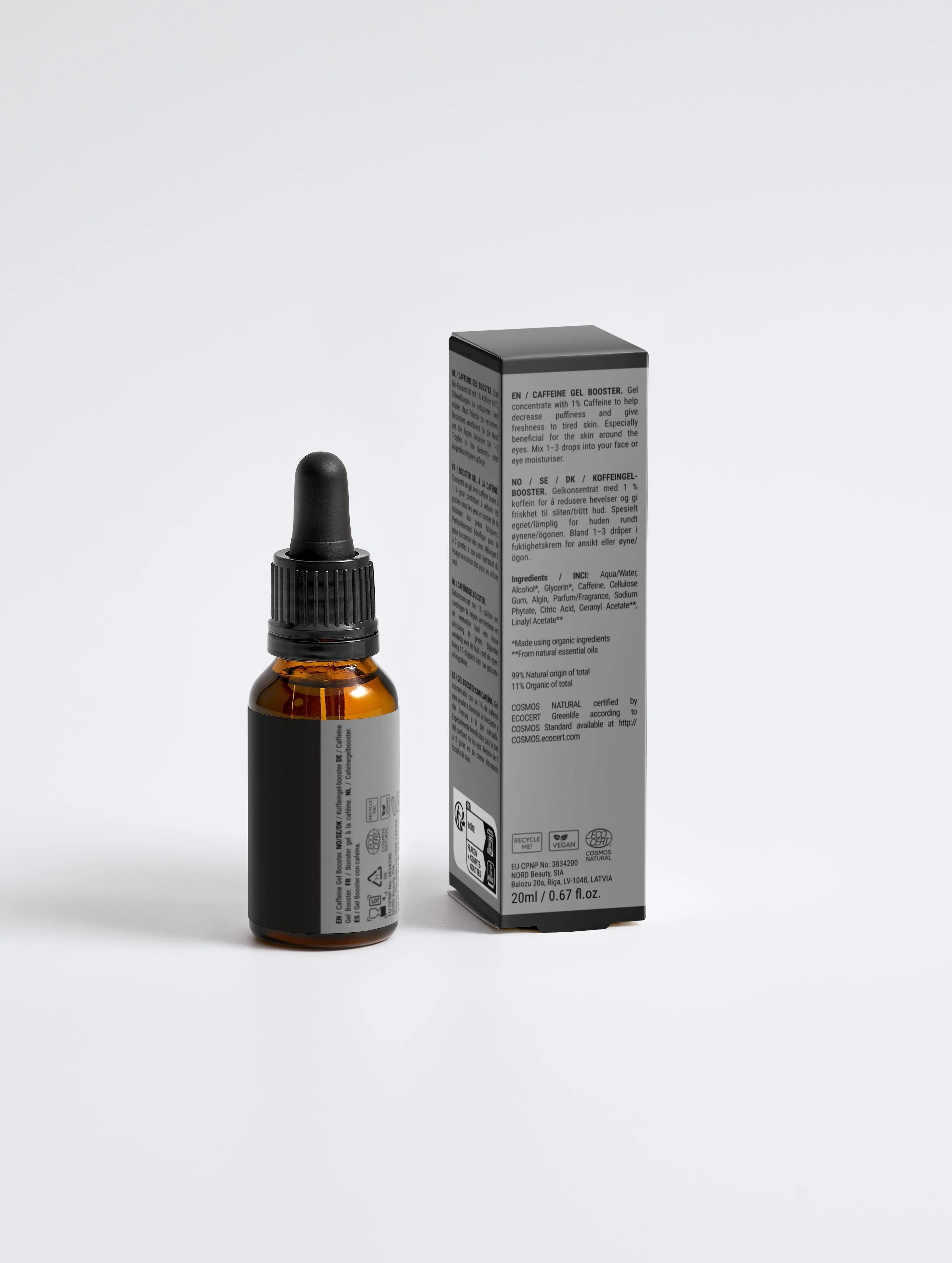 Caffeine Gel Booster for face & eye care, 20ml dropper bottle with vegan, COSMOS certified packaging