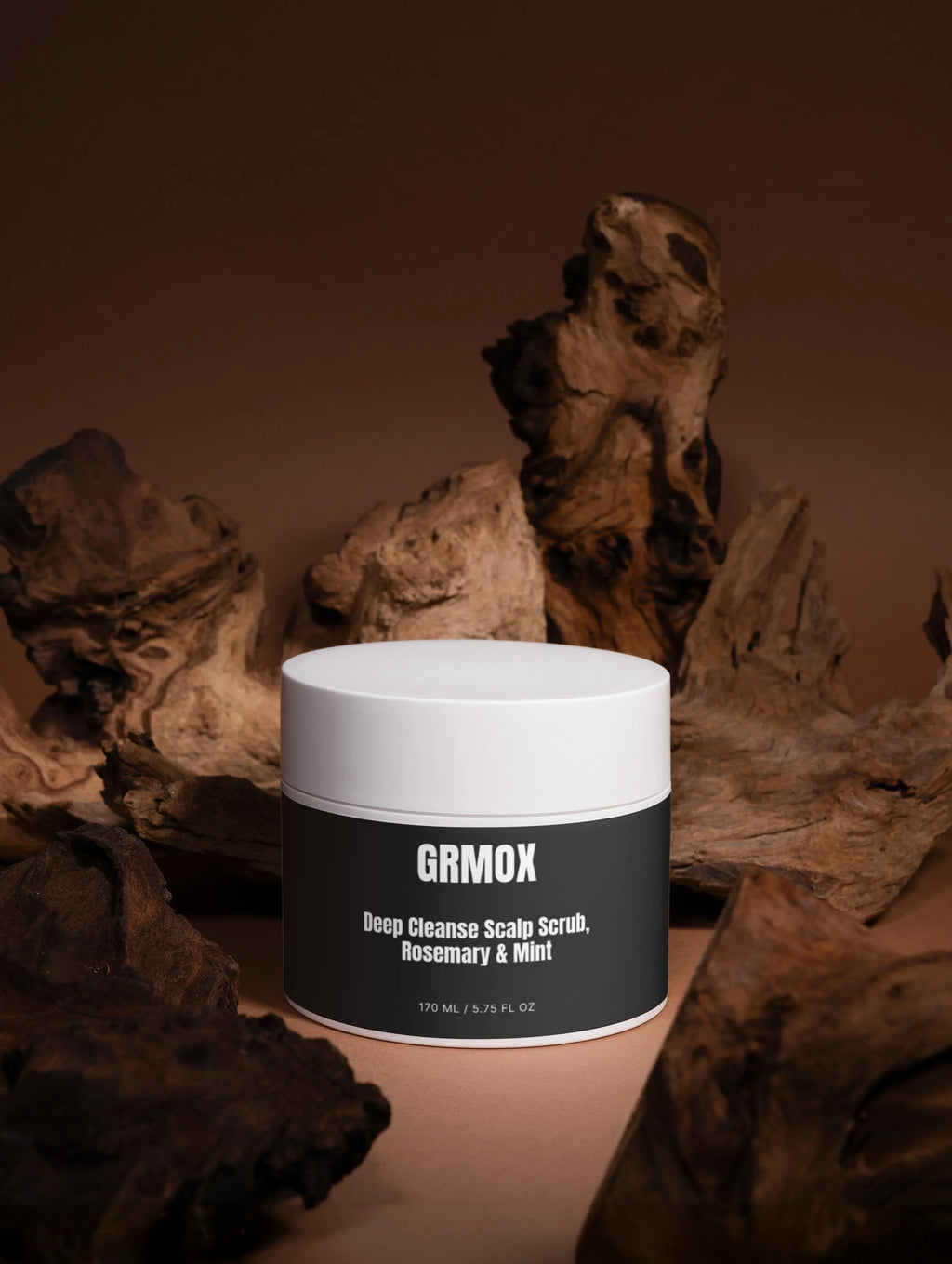 GRMOX Deep Cleanse Scalp Scrub with Rosemary & Mint, 170ml, in white jar surrounded by rustic driftwood