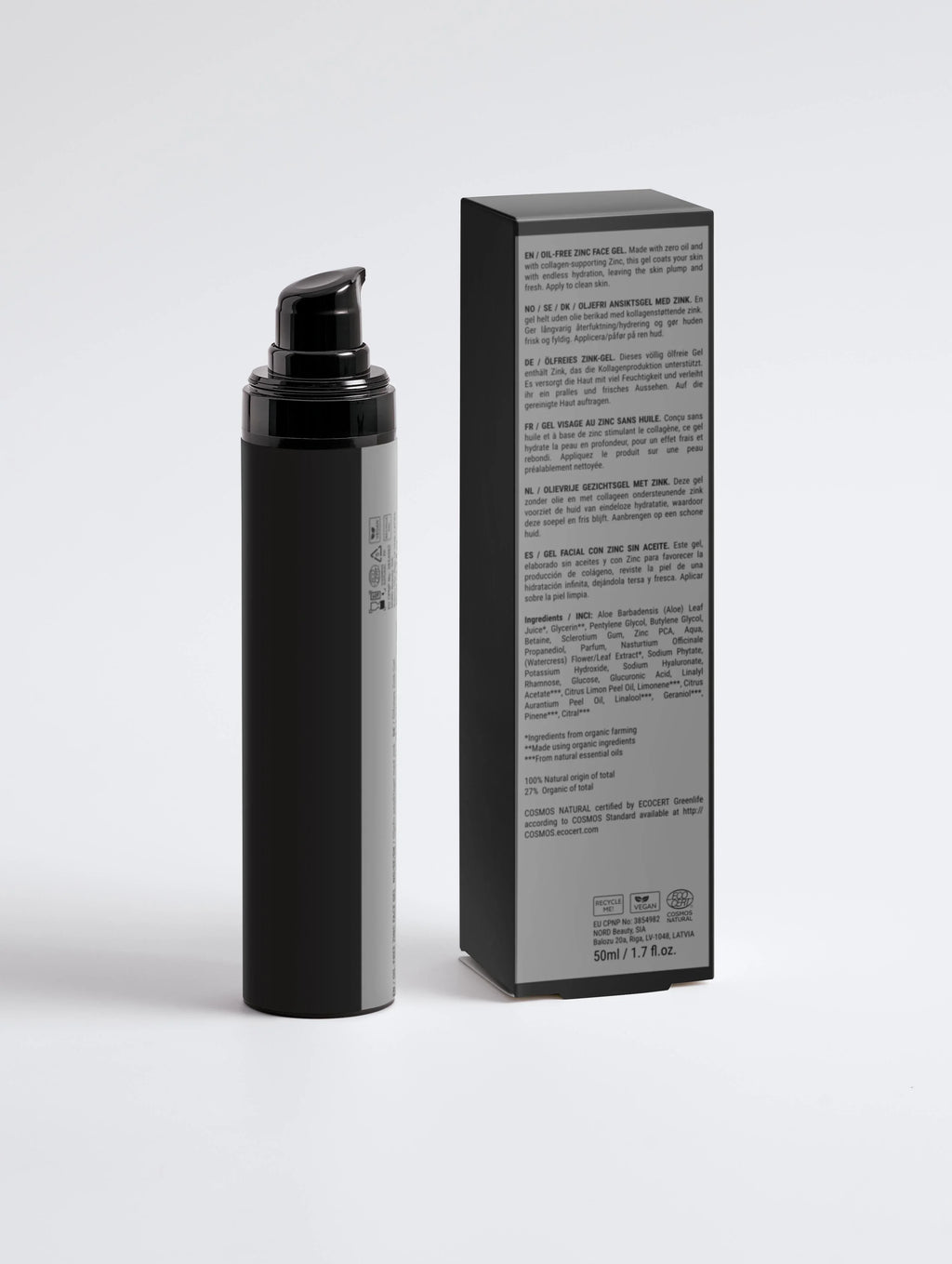 Oil-free zinc face gel in black pump bottle with packaging, vegan & COSMOS Natural certified for hydration