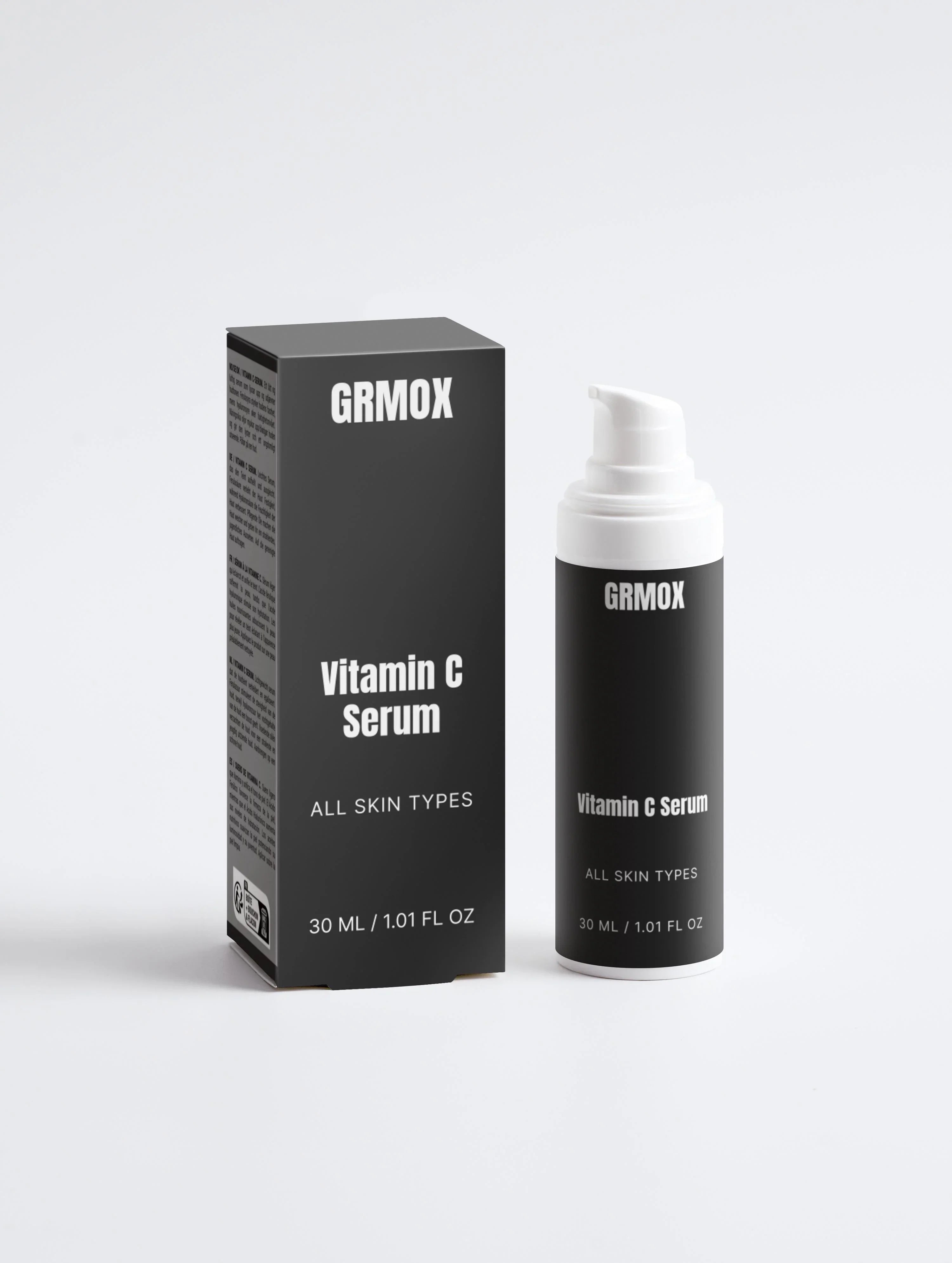 GRMOX Vitamin C Serum for all skin types, 30ml bottle with pump and packaging