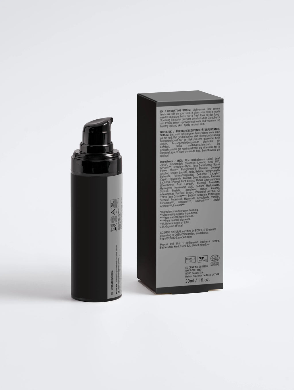 Hydrating face serum in black bottle with pump, vegan & COSMOS certified, 30ml for healthy skin