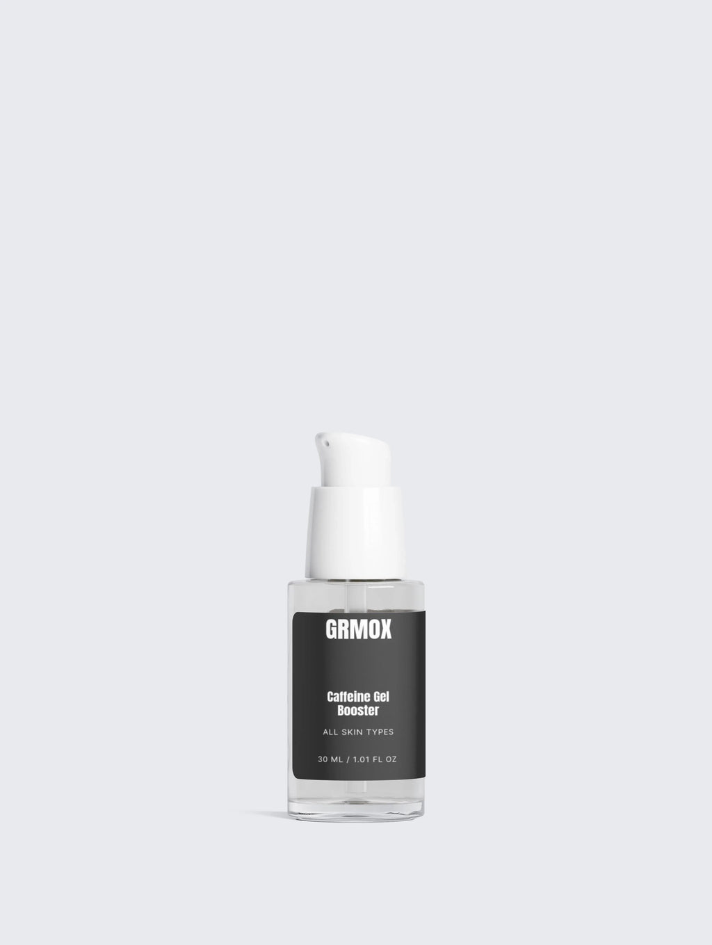 GRMOX Caffeine Gel Booster for all skin types, 30ml face serum in clear bottle with white pump