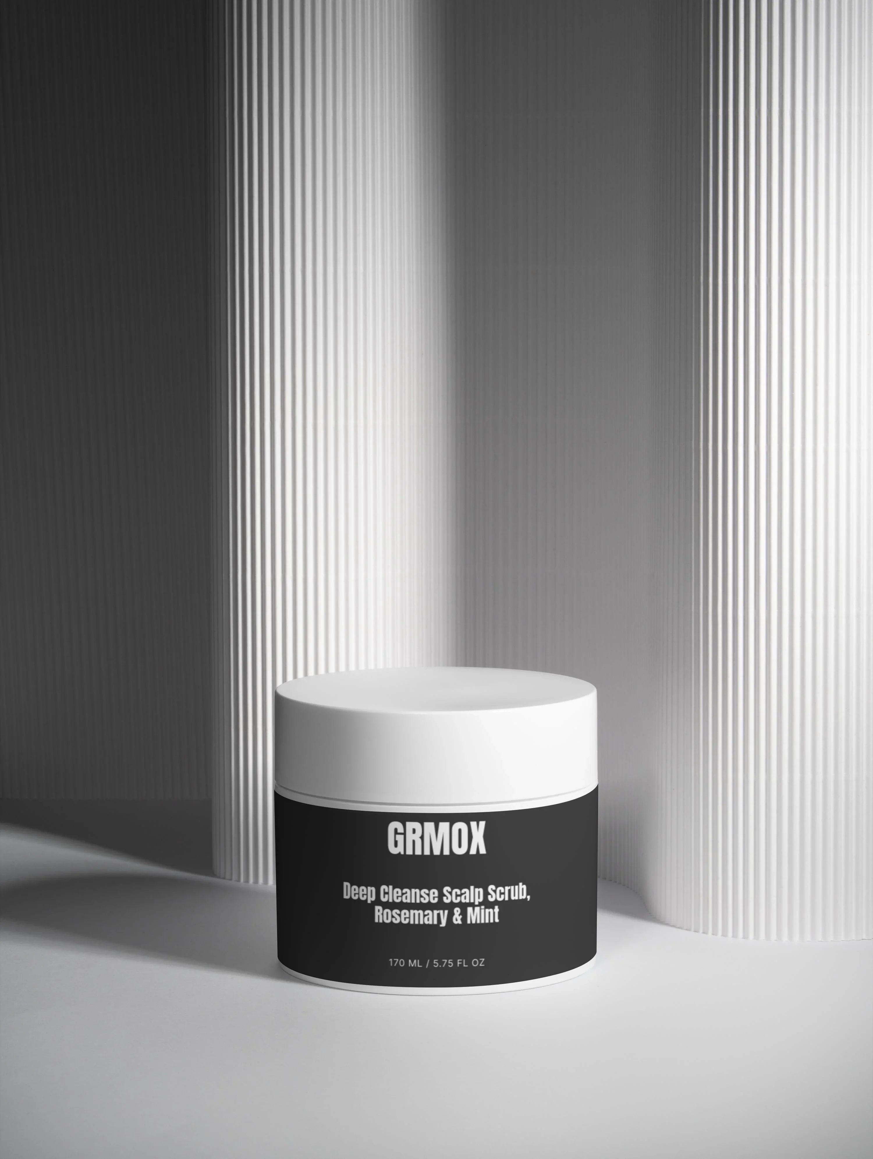 GRMOX Deep Cleanse Scalp Scrub with Rosemary & Mint, 170ml jar against striped gray background